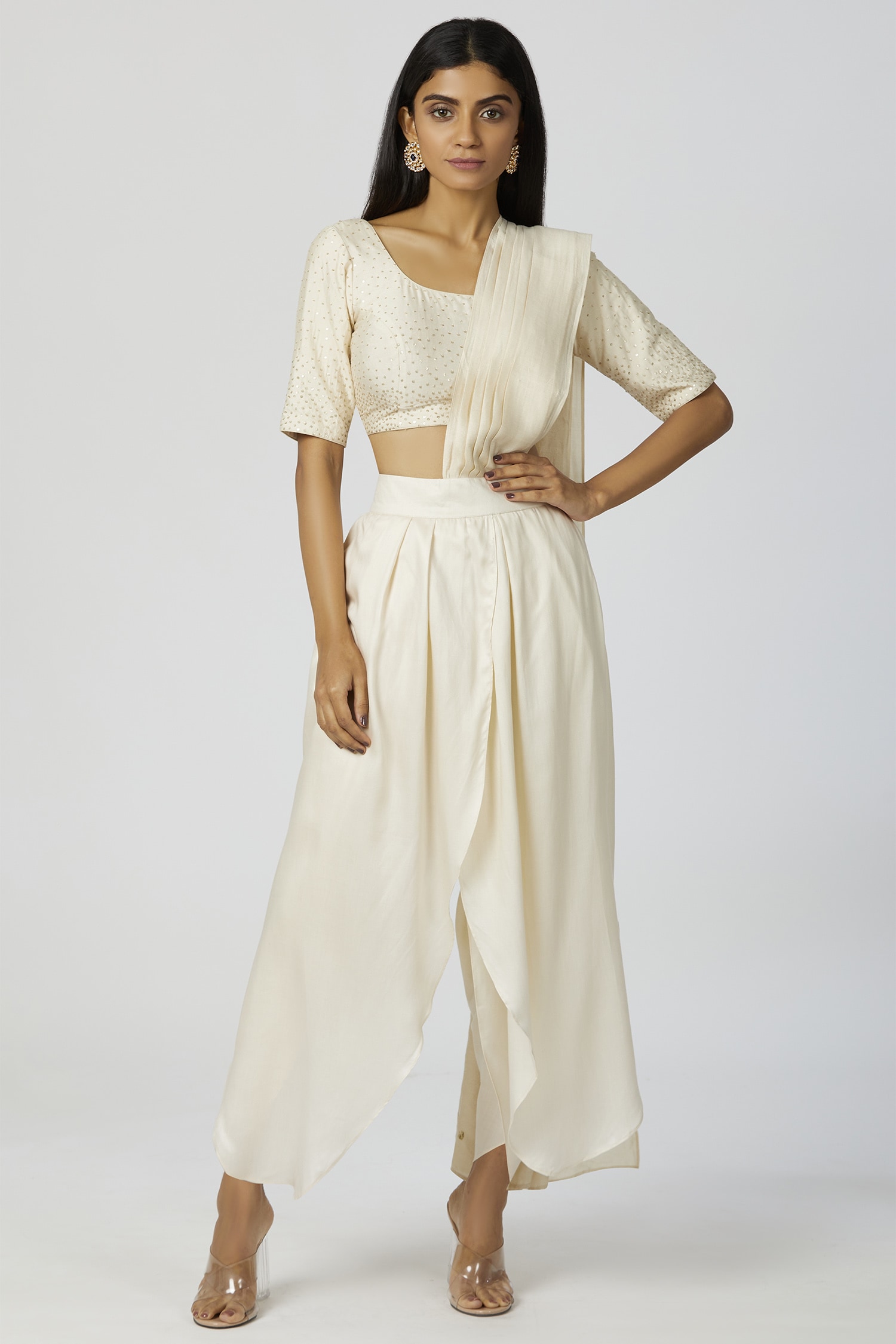 Buy Bohame White Chanderi Silk Pre-draped Pant Saree Online | Aza Fashions