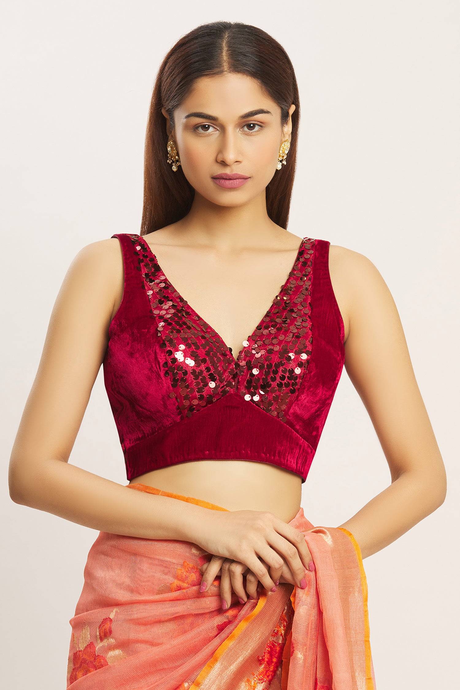 Nazaakat by Samara Singh - Brown Jacquard Plain V Neck Short Sleeve Blouse  For Women
