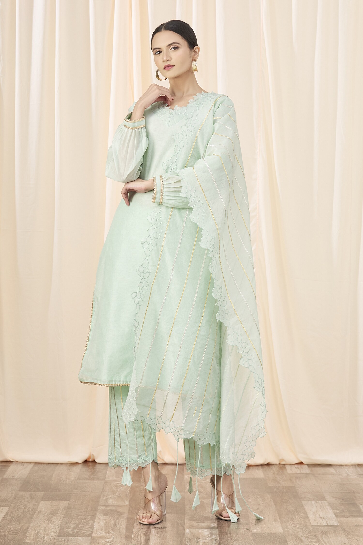 Buy Nazaakat by Samara Singh Blue Cotton Silk Puff Sleeve Kurta Set