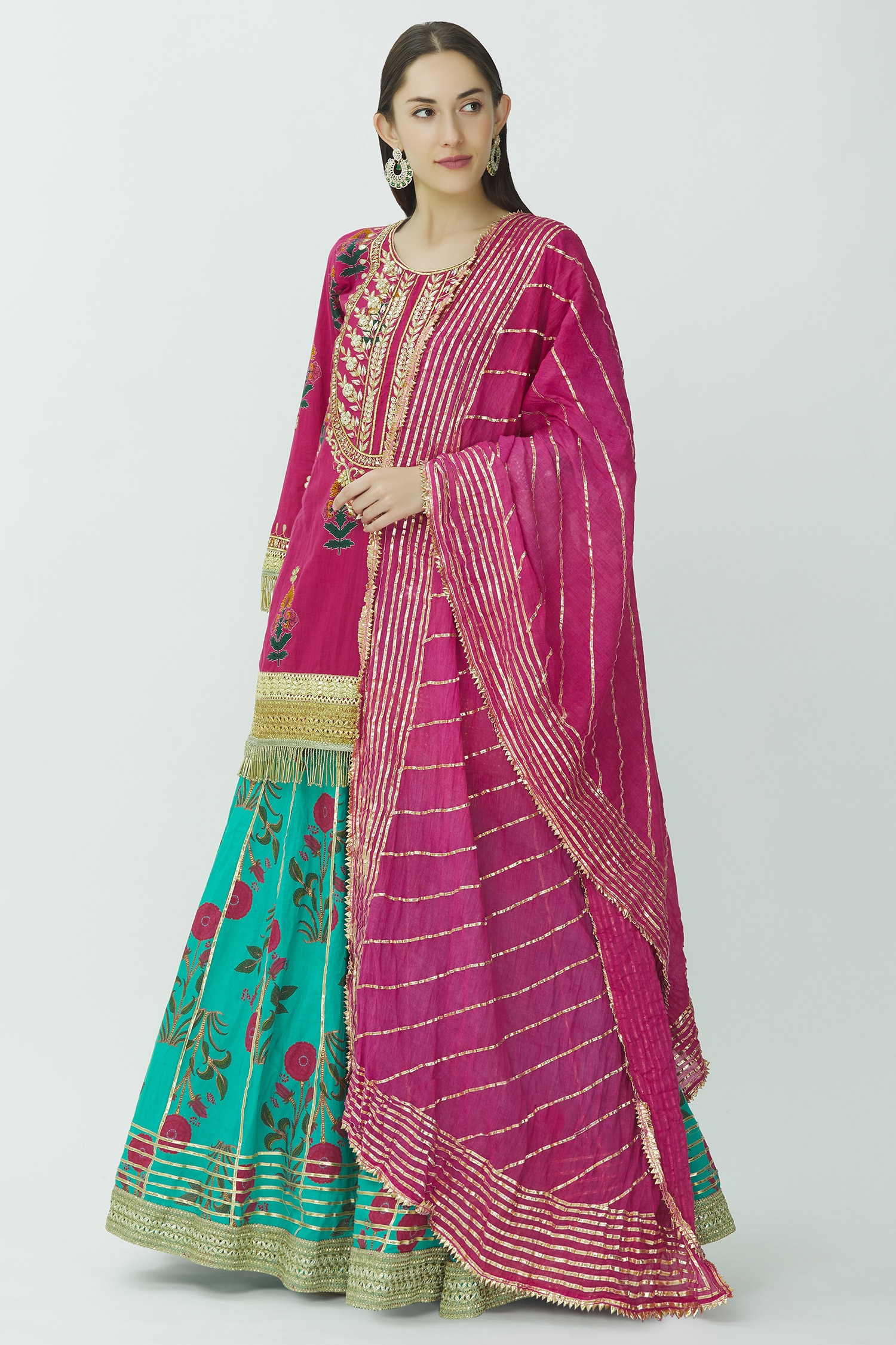 Buy Kunwaraniritu Pink Muslin Printed Kurta Lehenga Set Online | Aza ...