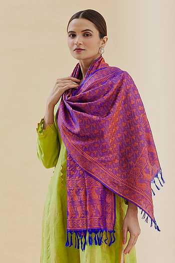Yellow - Handloom Semi Silk Jacquard Weave Banarasi Stole with Tassels 20