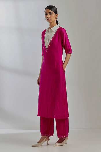 Pink Embroidered Silk Blend Straight Kurta Palazzo Set