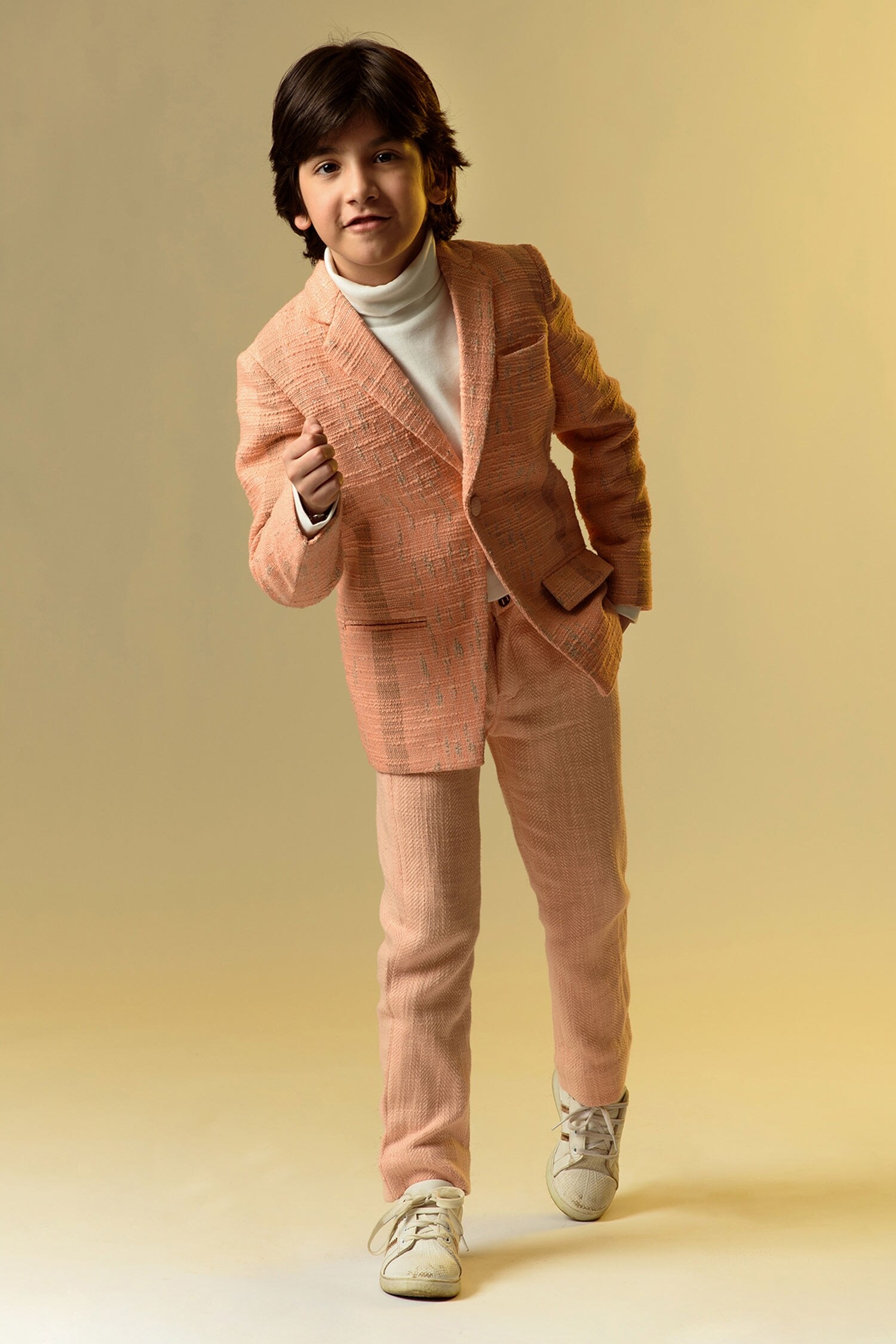 LITTLEENS Peach Tmt Cotton Slub Notch Lapel Blazer For Boys