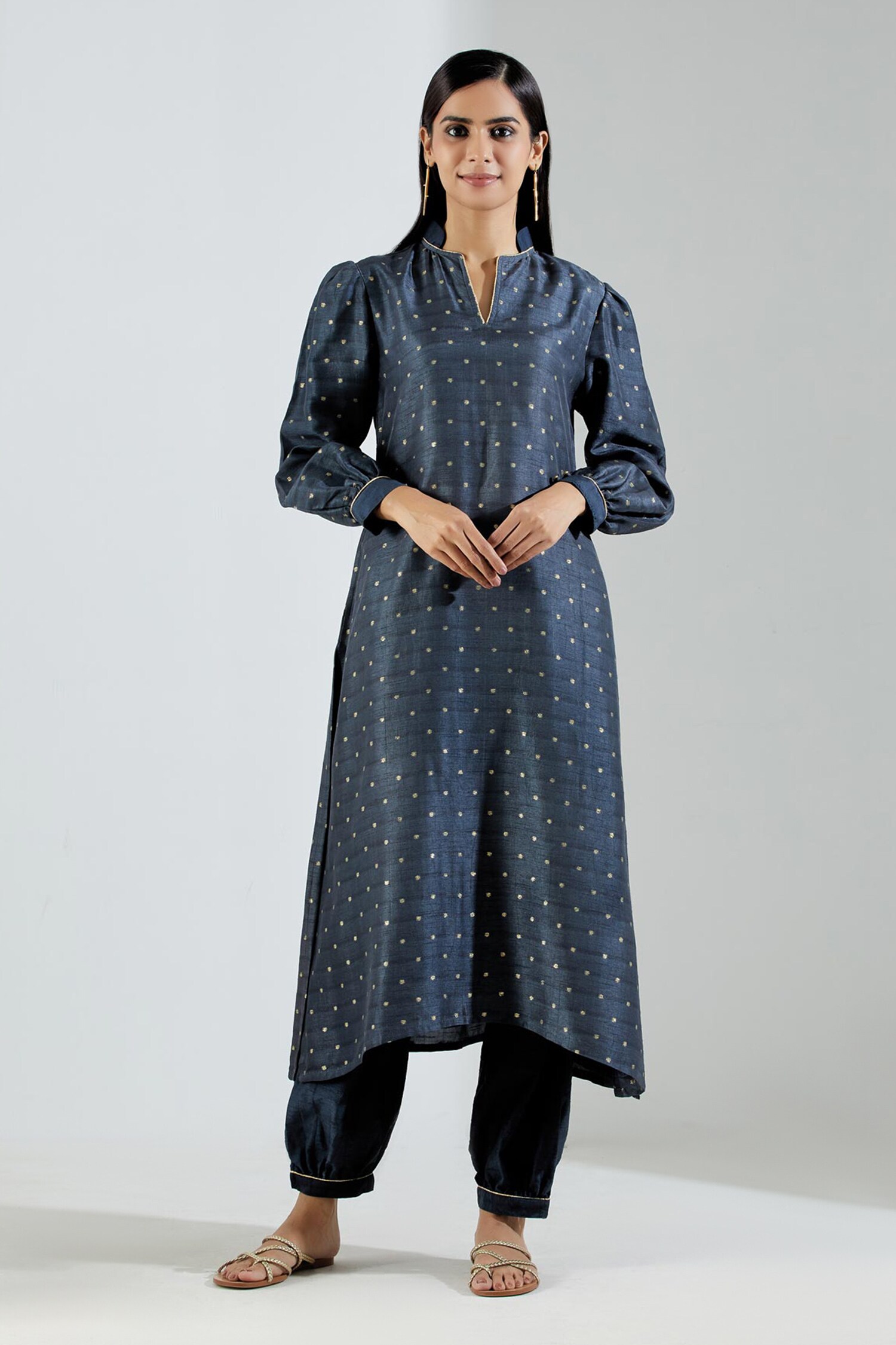 Buy Grey Chanderi Embroidery Stand Collar Kurta Set For Women by TIC