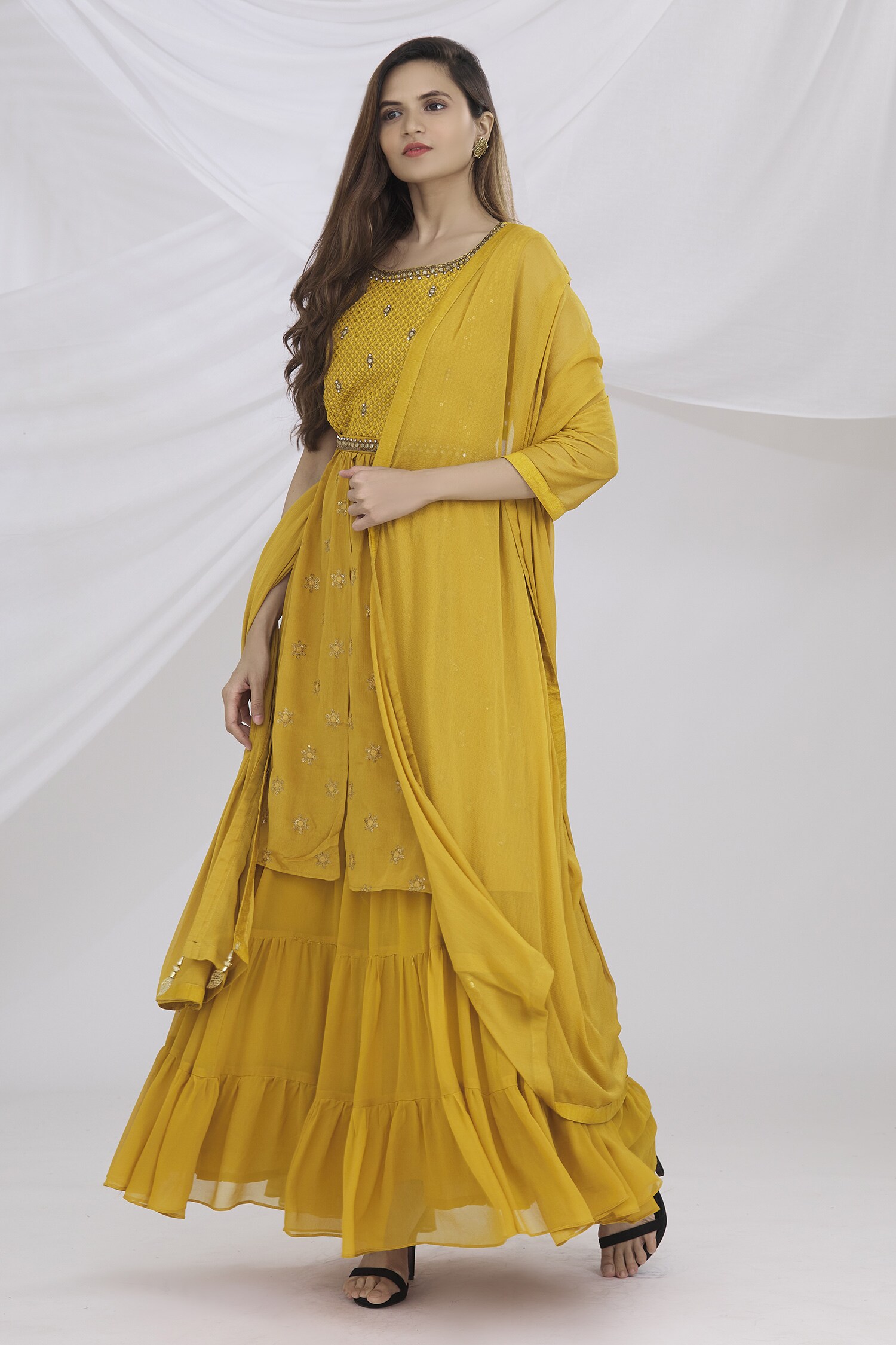 Buy Samyukta Singhania Yellow Chinnon Embroidered Kurta And Skirt Set ...