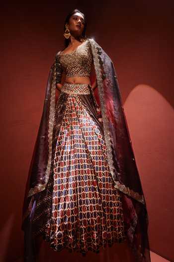 Set Of 3: Adya Khaki Ajrakh Print Cotton Top, Black Skirt & Dupatta main image 0