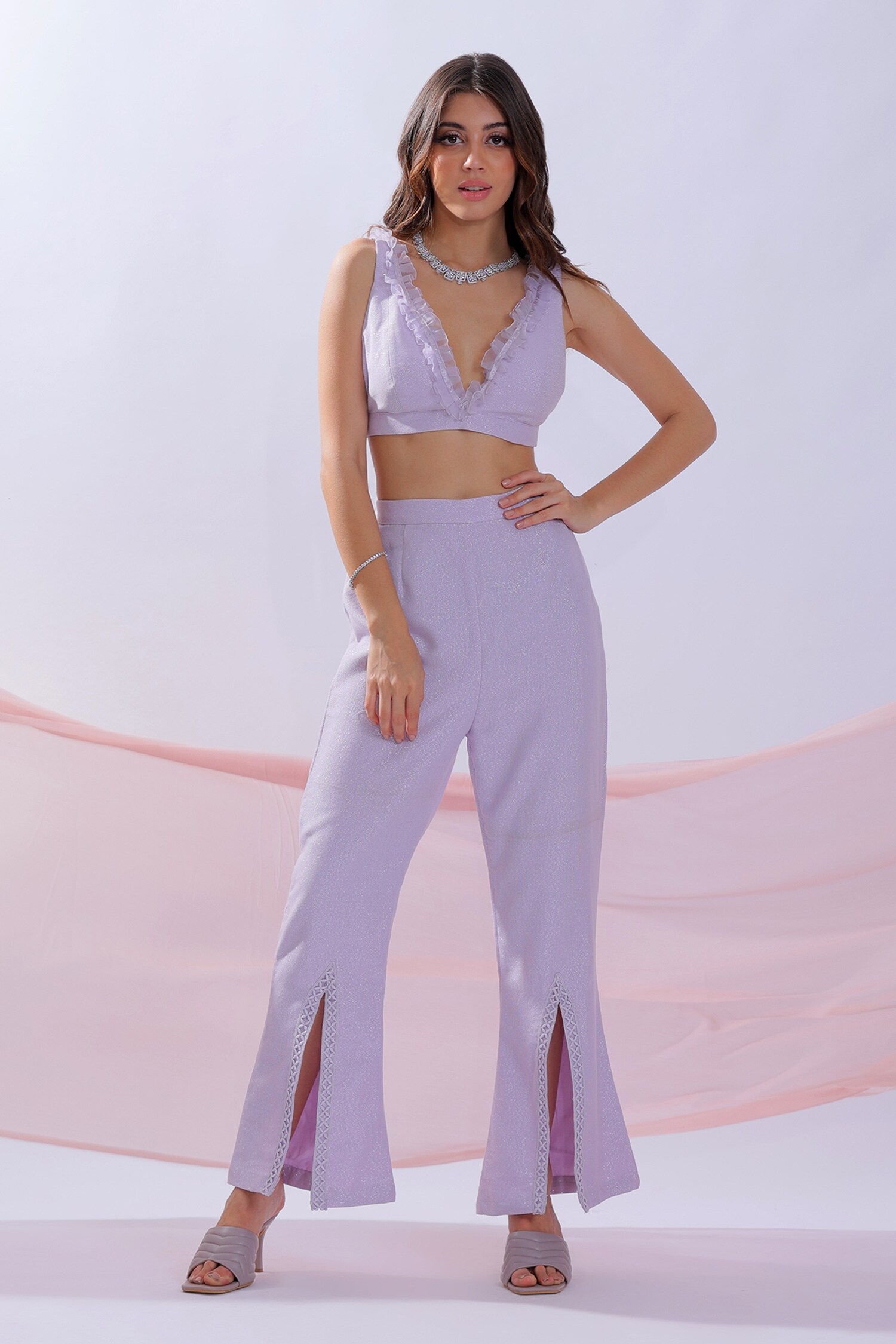 Blush and M - Purple Shimmer Crop Top And Pant Set