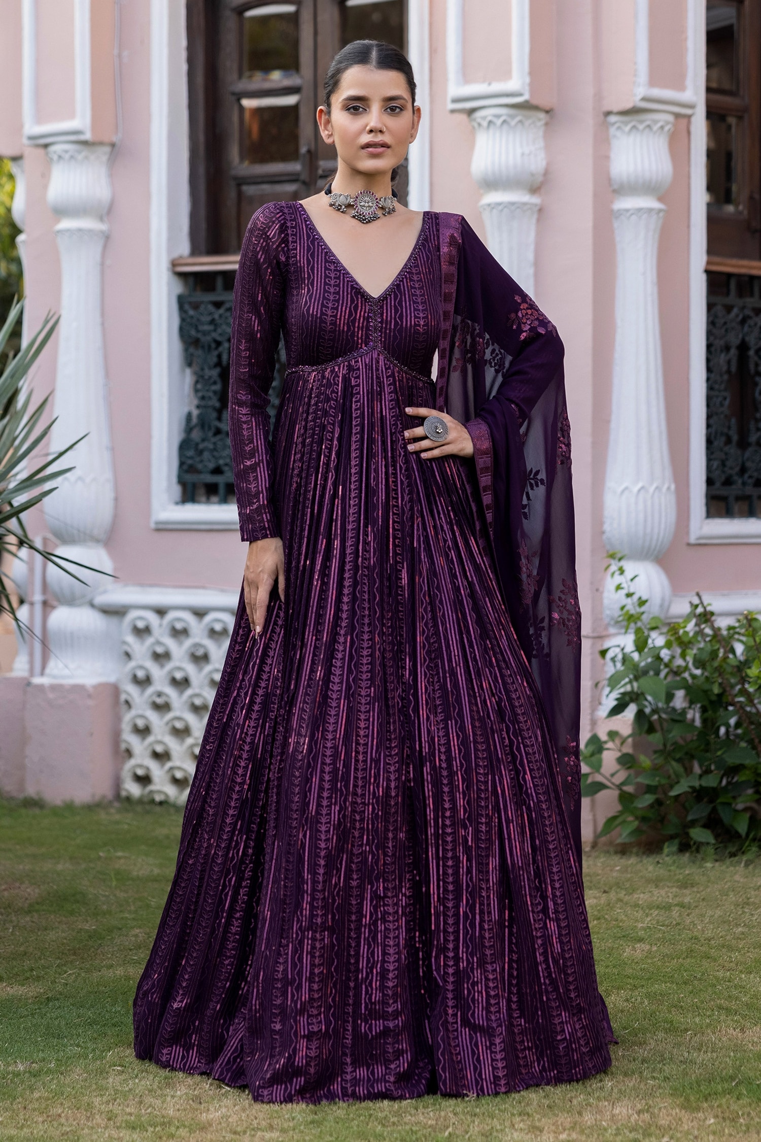 Buy Wine Georgette Embroidered Sequins V Neck Anarkali With Dupatta For ...