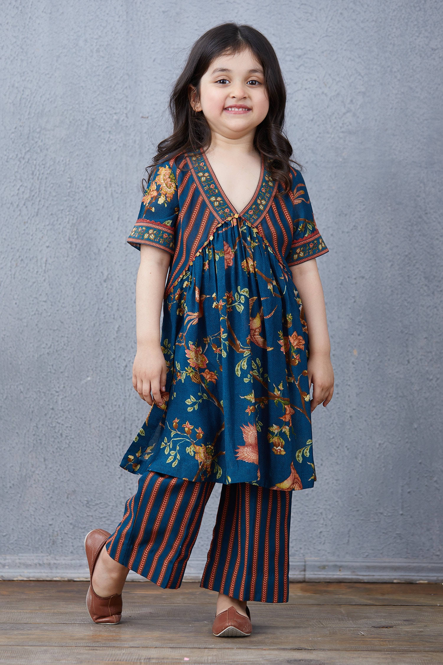 Buy Blue Cotton Silk Printed Flared Kurta And Pant Set For Girls by ...