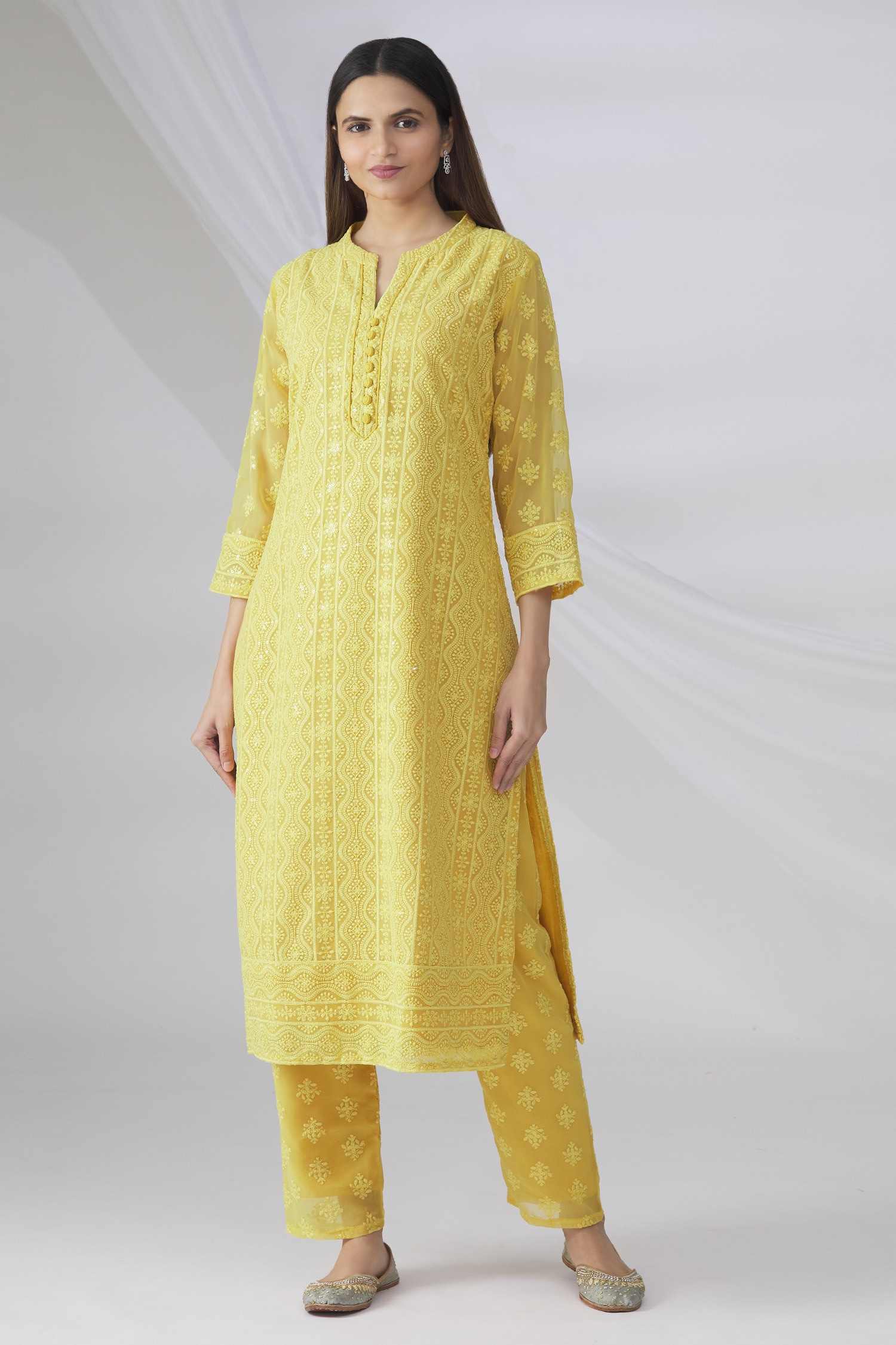 Buy Samyukta Singhania Yellow Chikankari Kurta And Pant Set Online Aza Fashions
