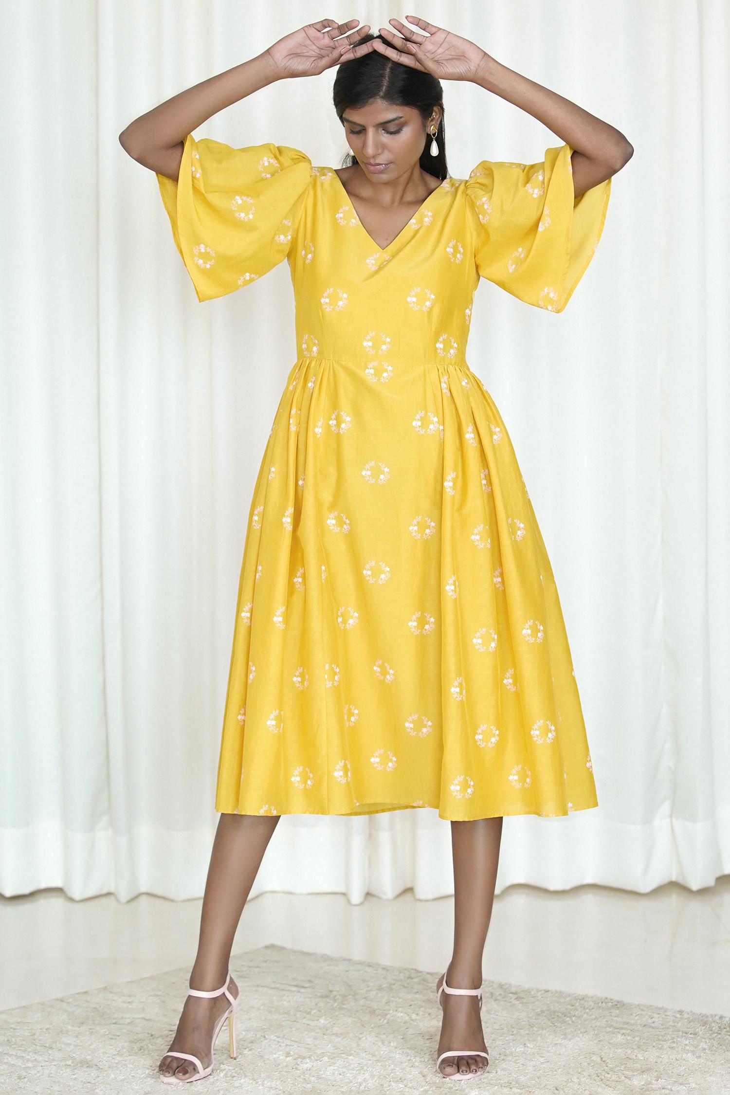 Buy Shiori Yellow Cotton Silk Printed Flared Midi Dress Online | Aza ...