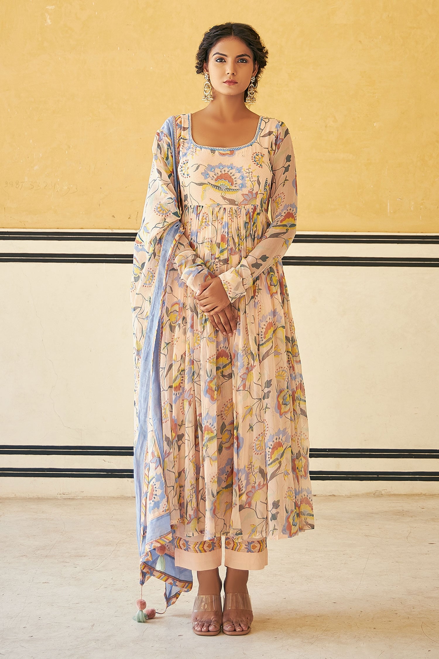 Baise Gaba Peach Chiffon And Modal Silk Printed Floral Bahaar Anarkali Set For Women