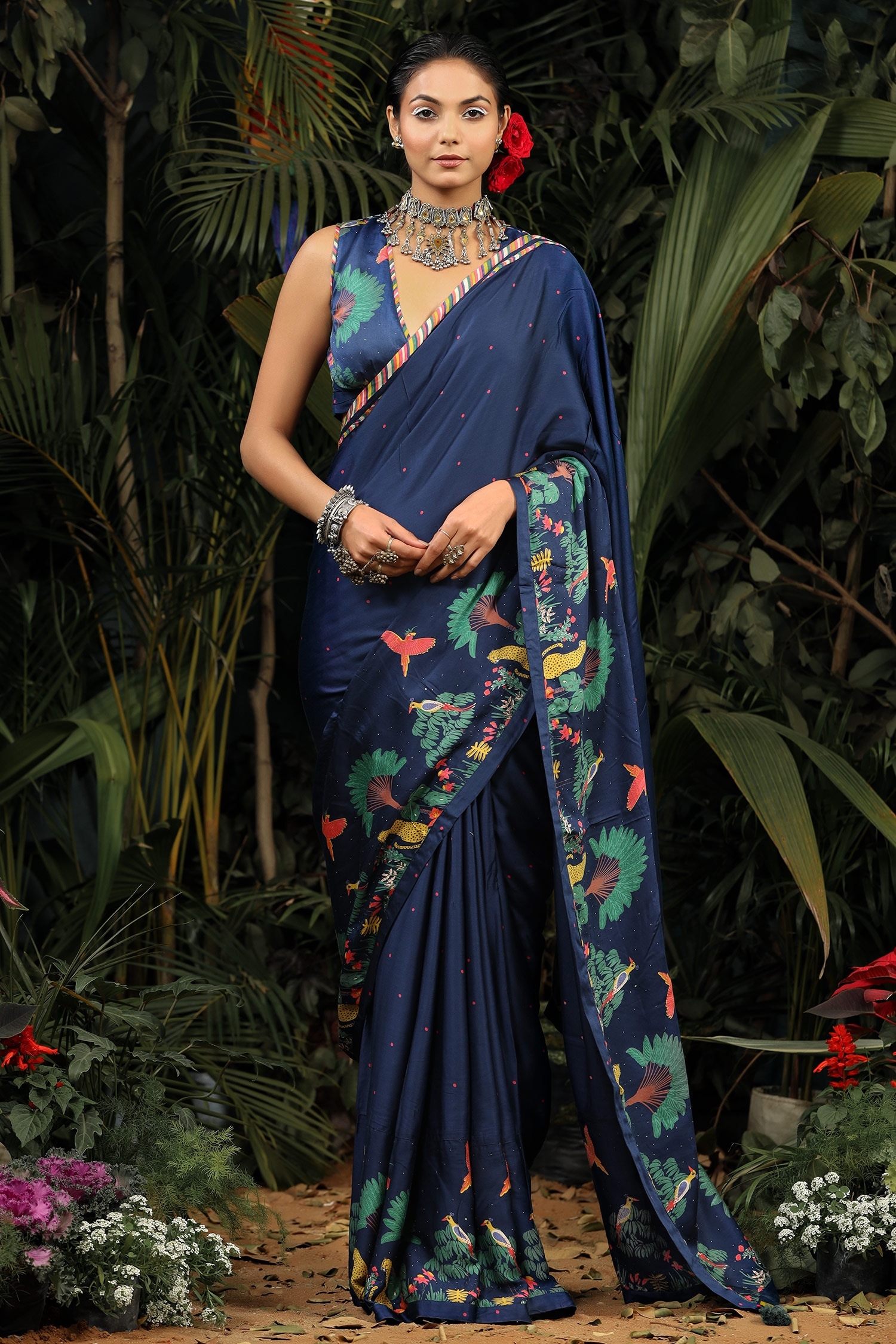 Buy Baise Gaba Blue Modal Satin Printed Saree Online | Aza Fashions