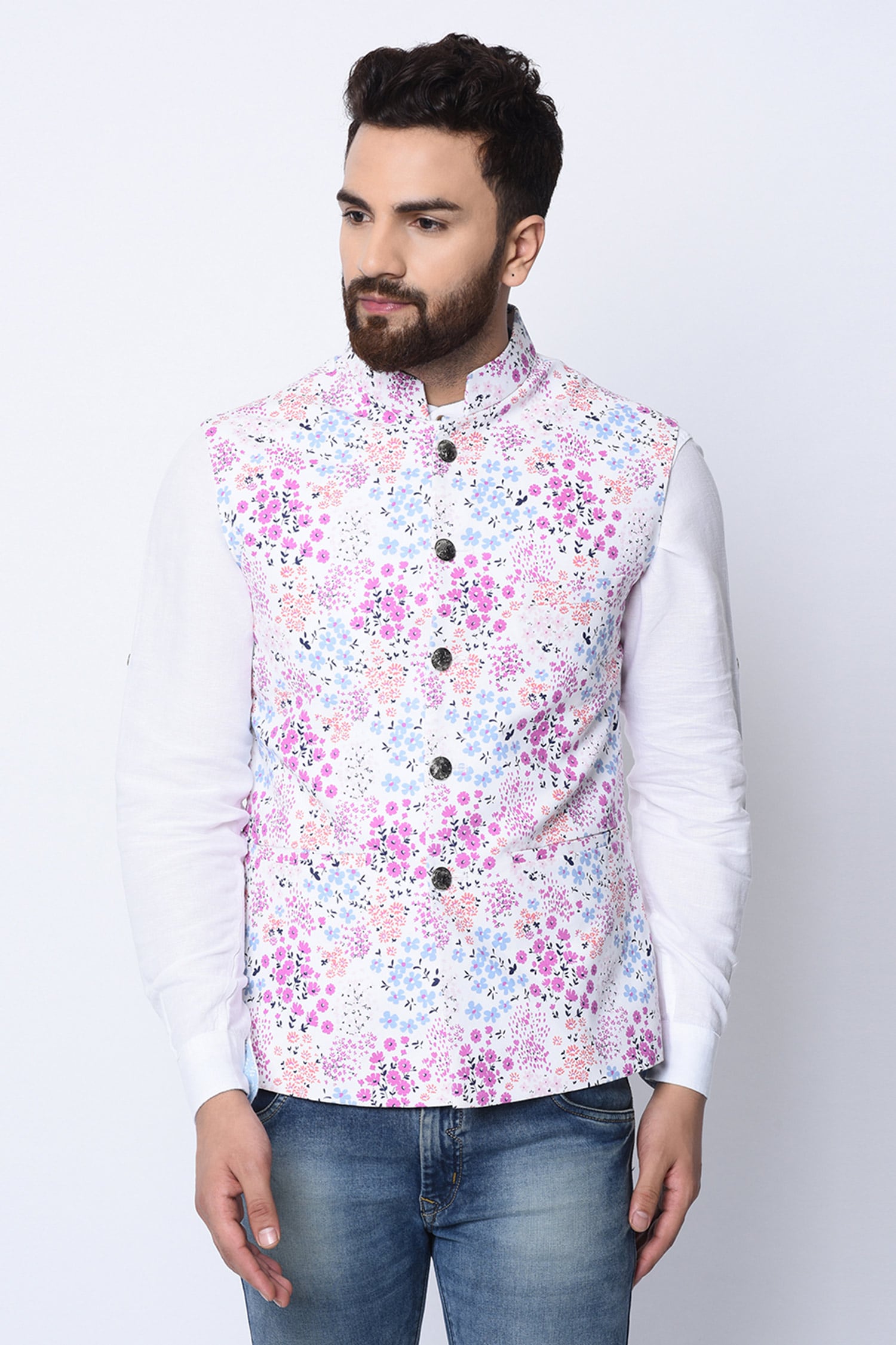 Off White Printed Muslin Modi Jacket - MMWC0214 – Mayank Modi Fashions