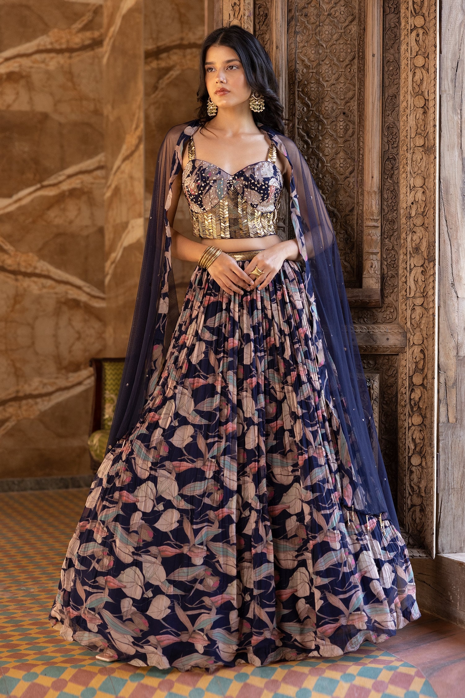 Basanti - Kapde Aur Koffee Blue Viscose Organza Printed Floral Pattern Corset Lehenga Set For Women