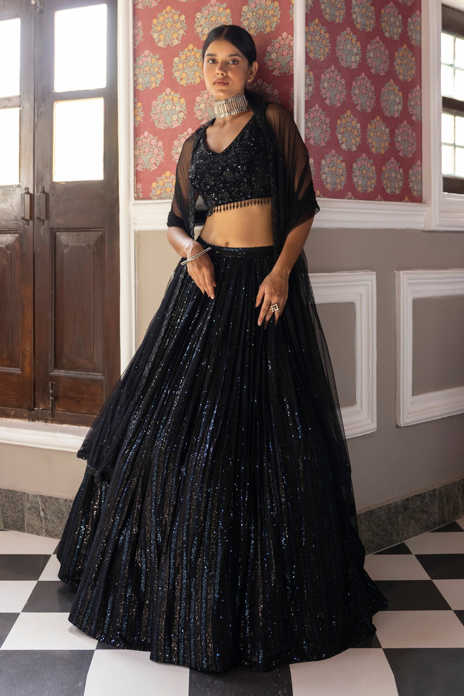 Basanti - Kapde Aur Koffee Black Blouse: Velvet Embroidered Sequins V Neck Lehenga Set For Women