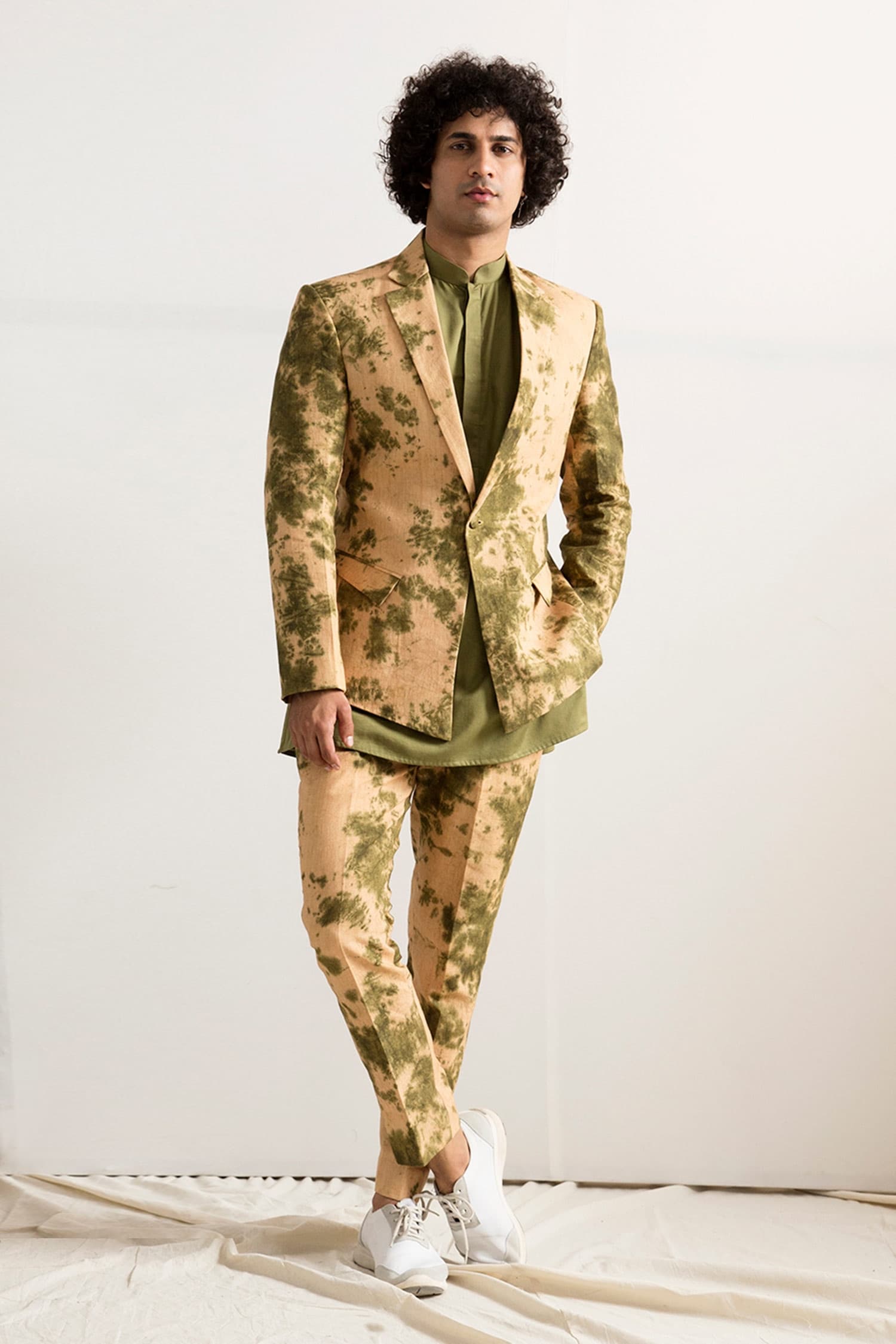 Bohame Beige Jacket And Pant: Linen; Kurta: Bamboo Blend Tie-dye & Set For Men