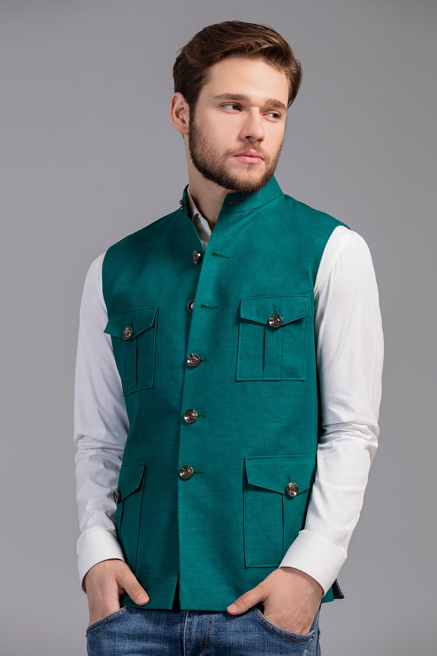 Burnham Dark Green Velvet Plain-Solid Premium Wedding Nehru Jacket For Men.