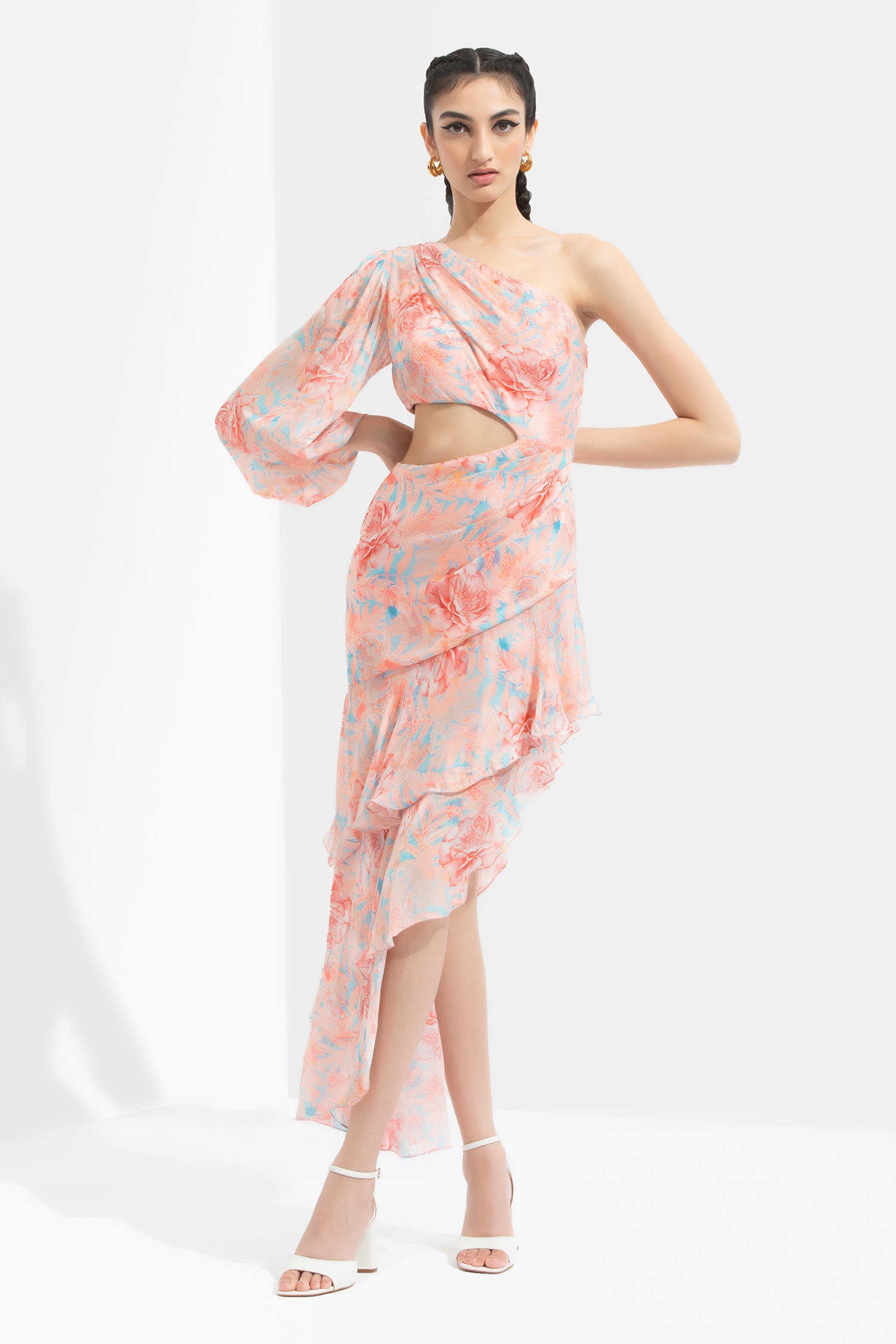 Mandira Wirk Peach Chiffon Printed One Shoulder Dress