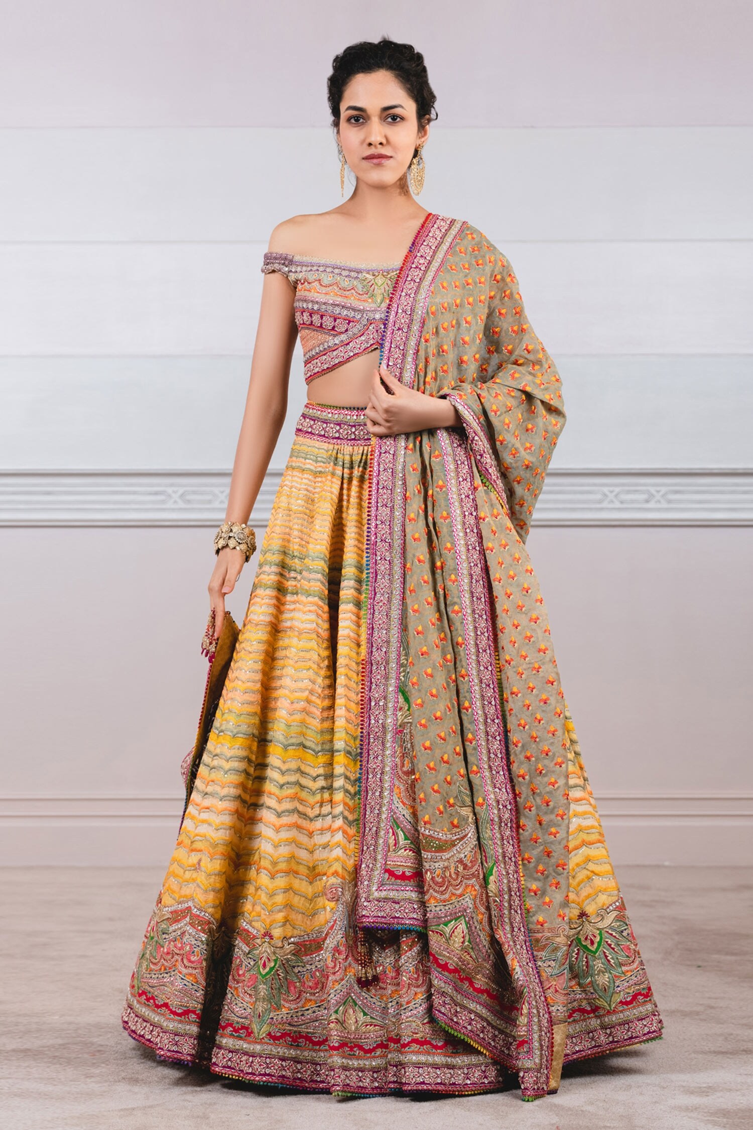 Buy Tarun Tahiliani Yellow Silk Dupion Hand Painted Lehenga Set Online ...