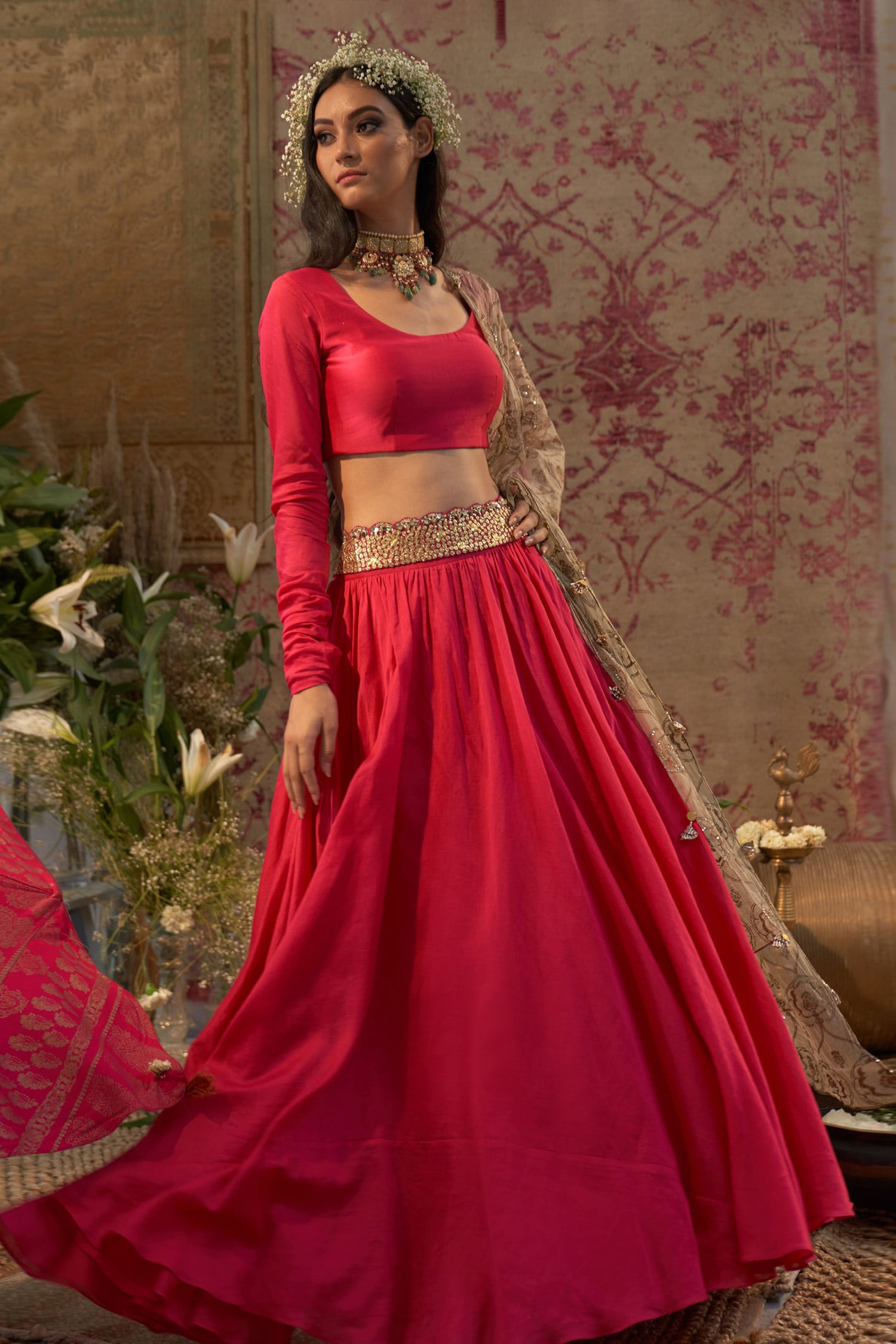 Buy Pink Chanderi Silk Embroidery Scoop Neck Lehenga Set For Women by ...