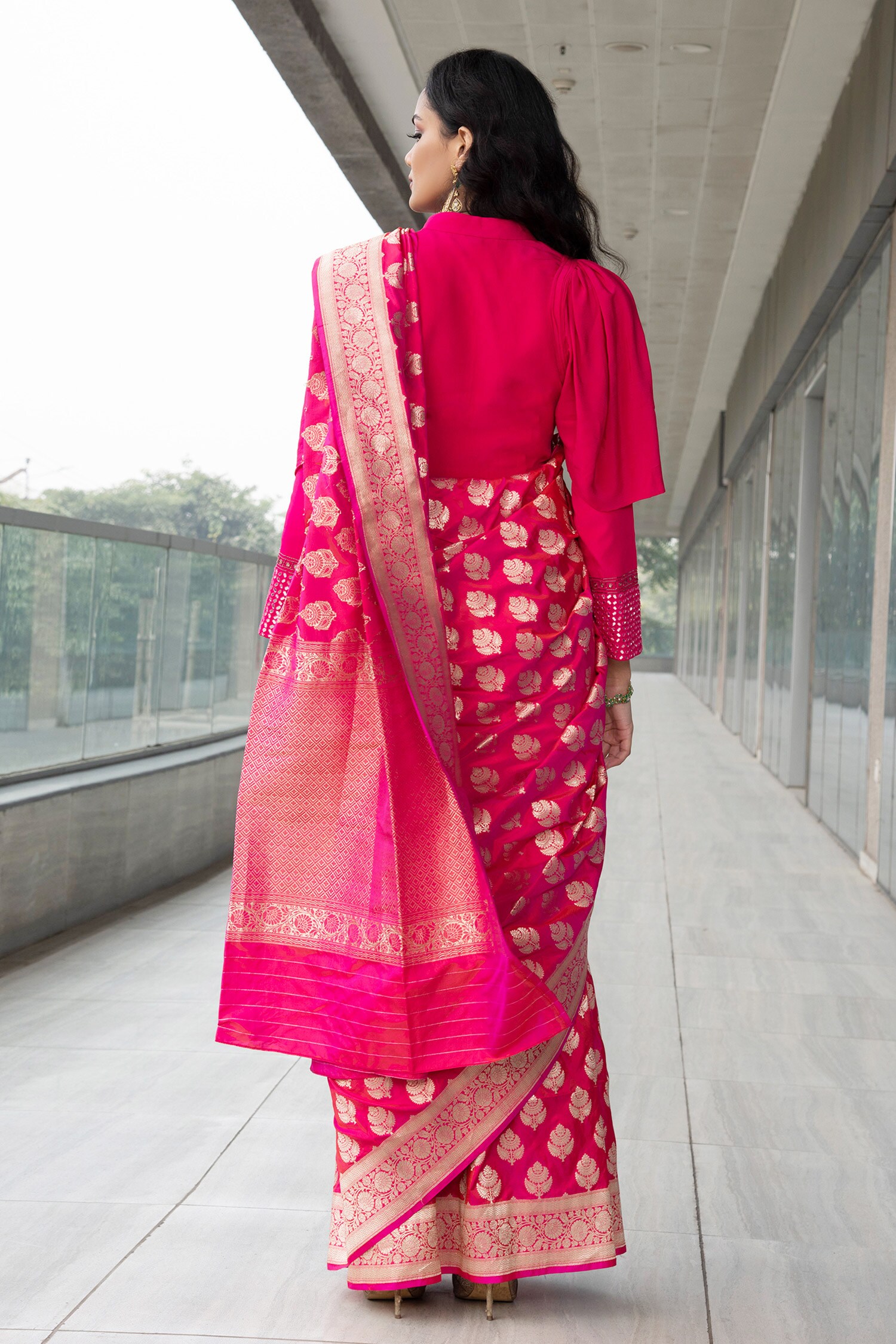 Buy Pink Saree Pure Katan Silk Mandarin Collar With Blouse For Women by  Neha & Tarun Online at Aza Fashions.