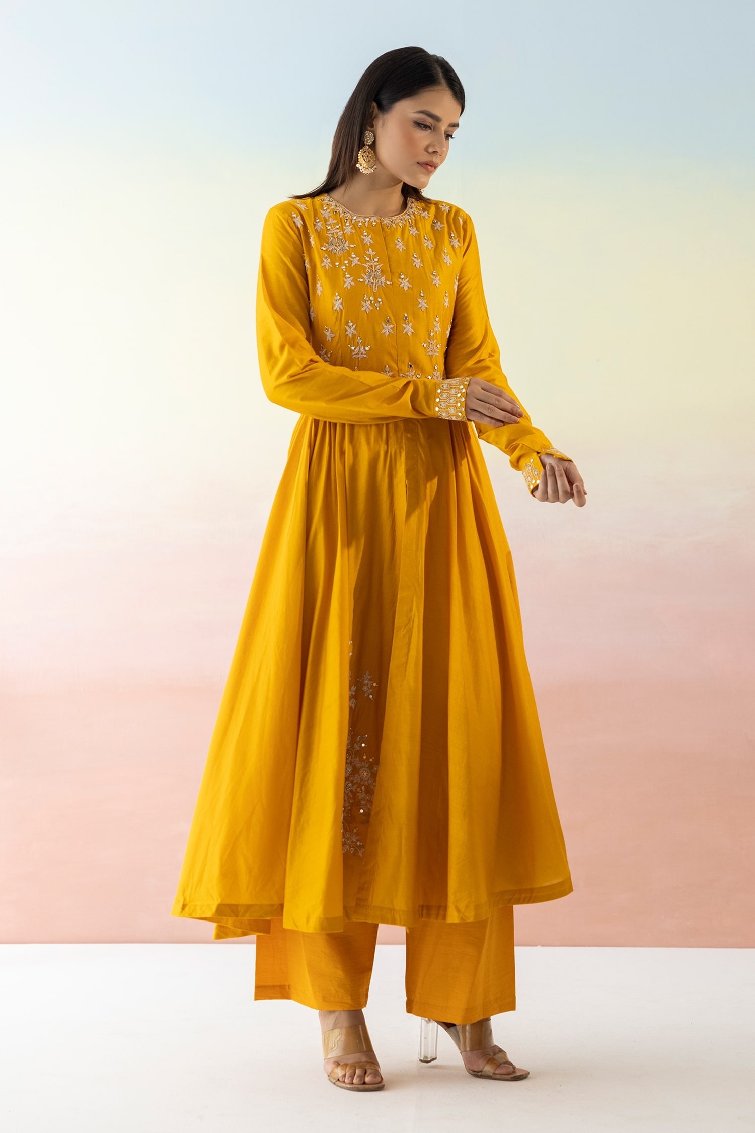 Buy Yellow Chanderi Silk Embroidered Floral Round Anarkali For Women by