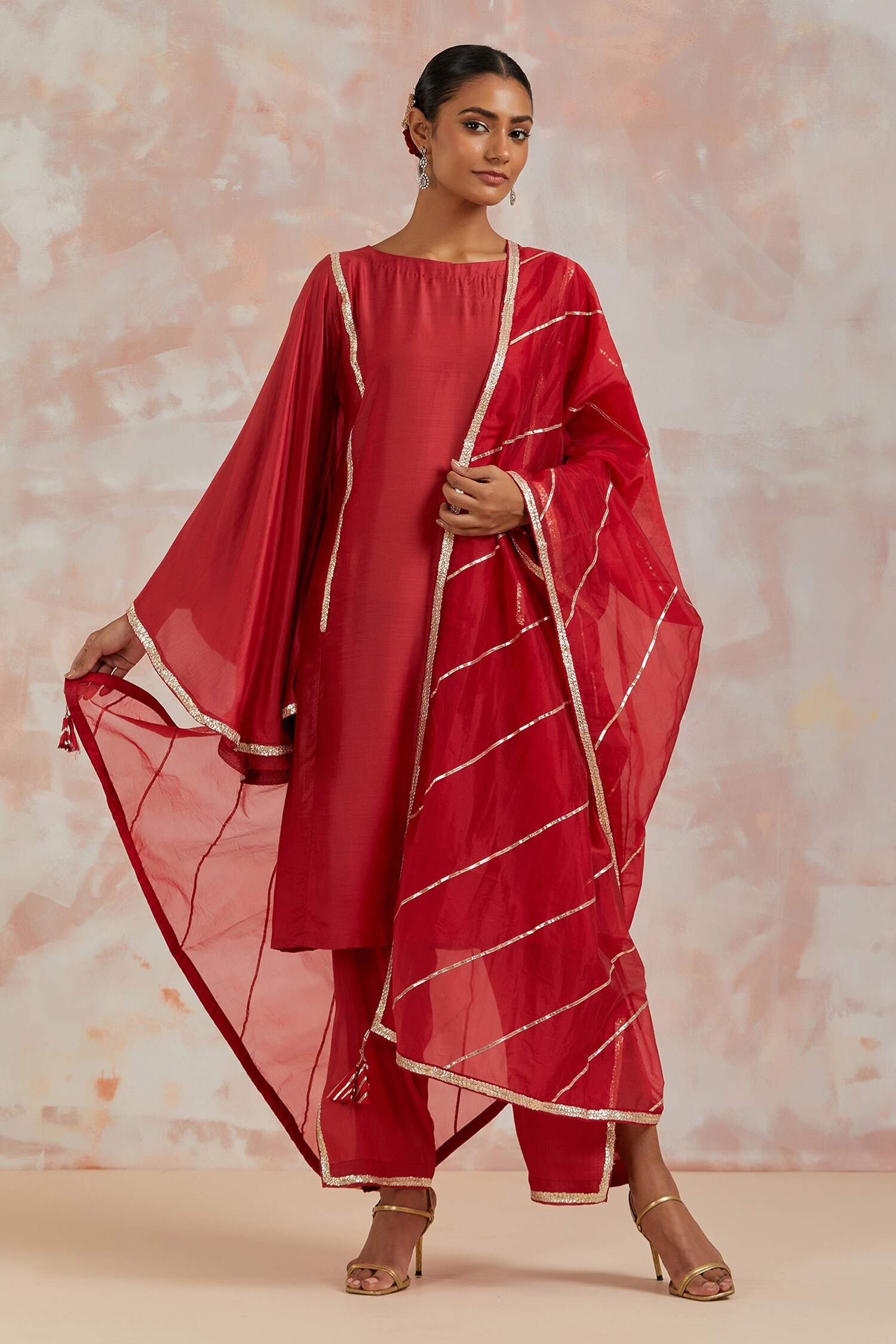 Buy Red Muslin Embroidered Gota Boat Butterfly Sleeve Kurta Pant Set