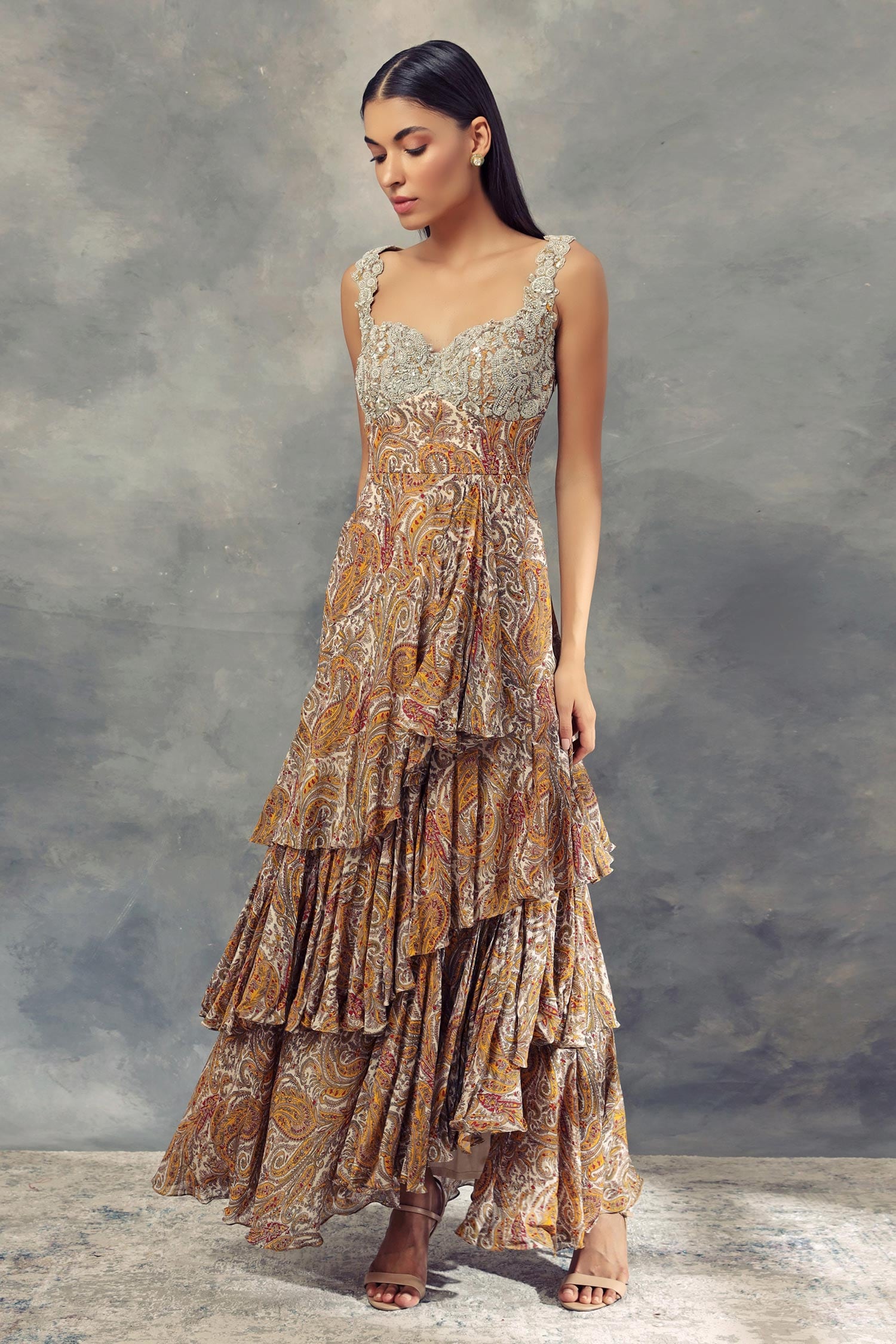 Buy Multi Color Georgette Sweetheart Neck Layered Ruffle Gown For Women ...