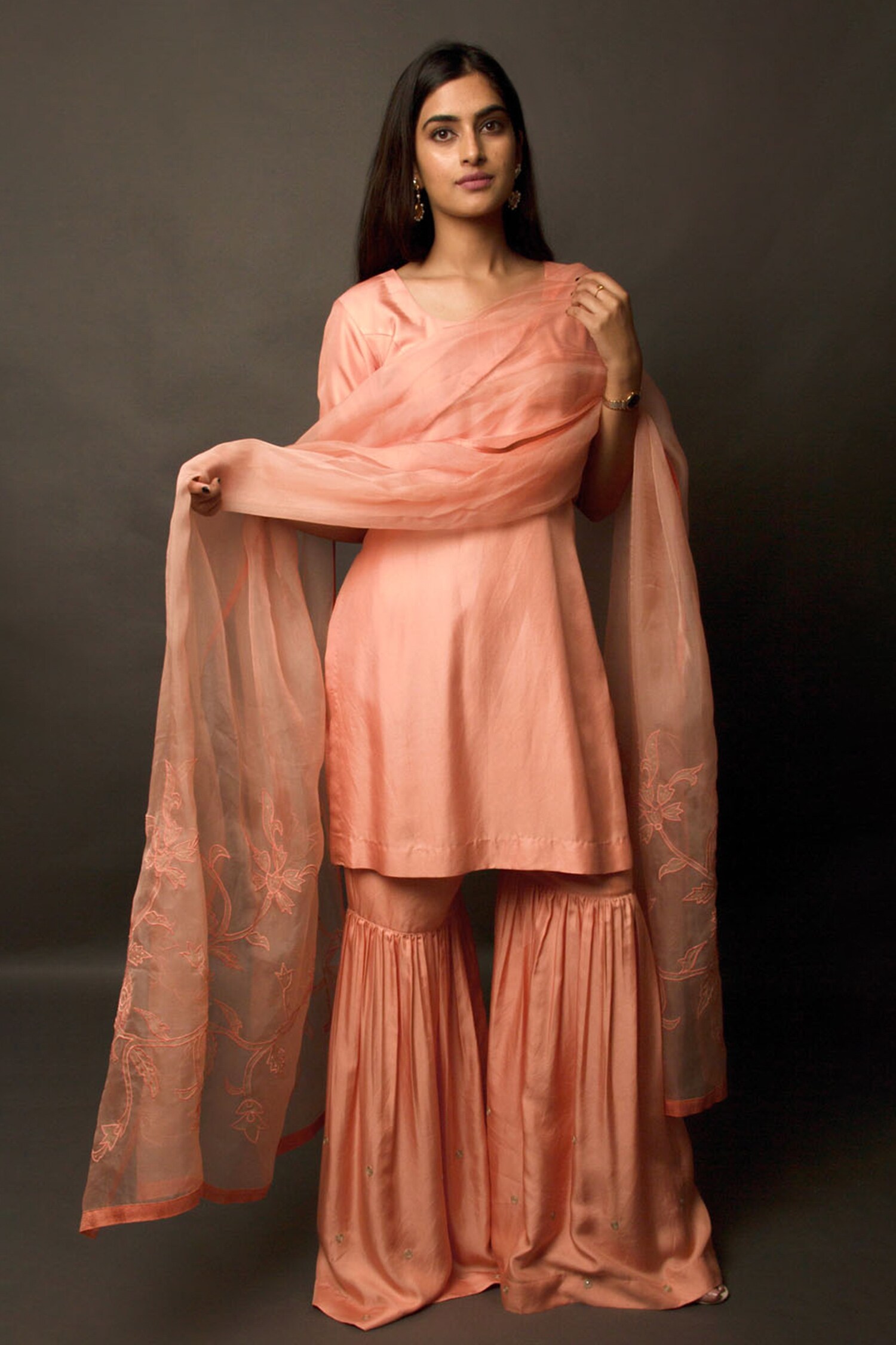 Buy Peach Twill Silk Scoop Neck Straight Kurta Gharara Set For Women by  Jasmine Bains Online at Aza Fashions.