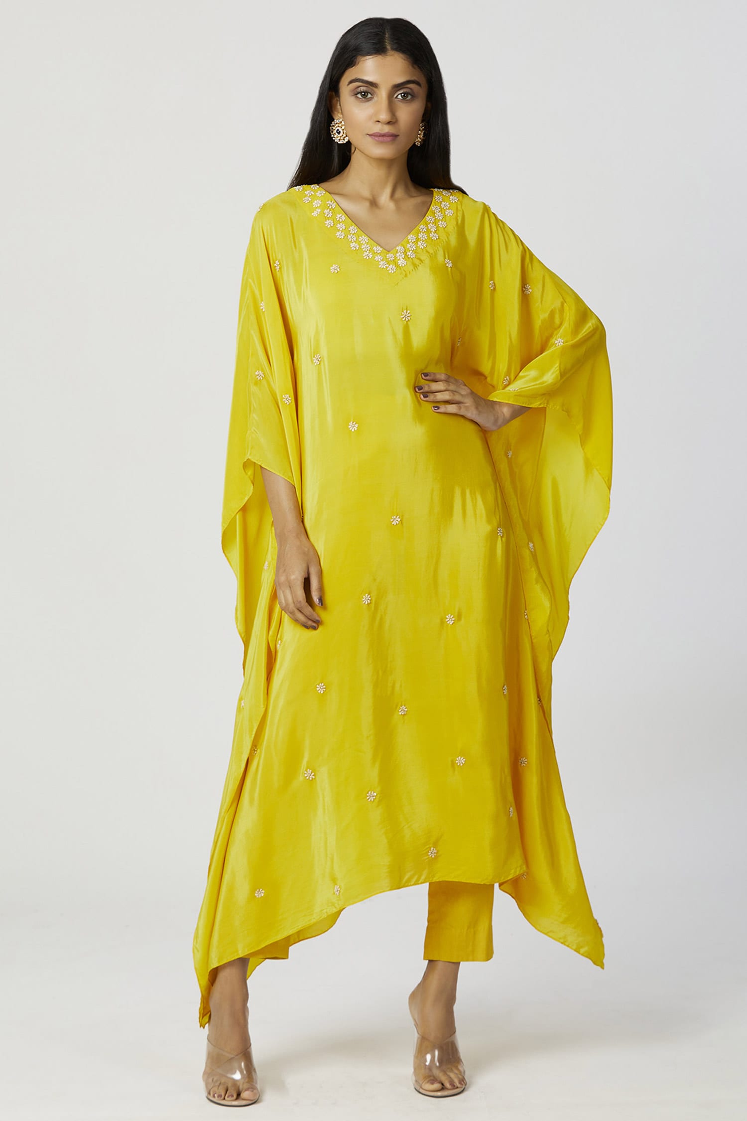 Buy Bohame Yellow Crepe Embroidered Kaftan Pant Set Online | Aza Fashions