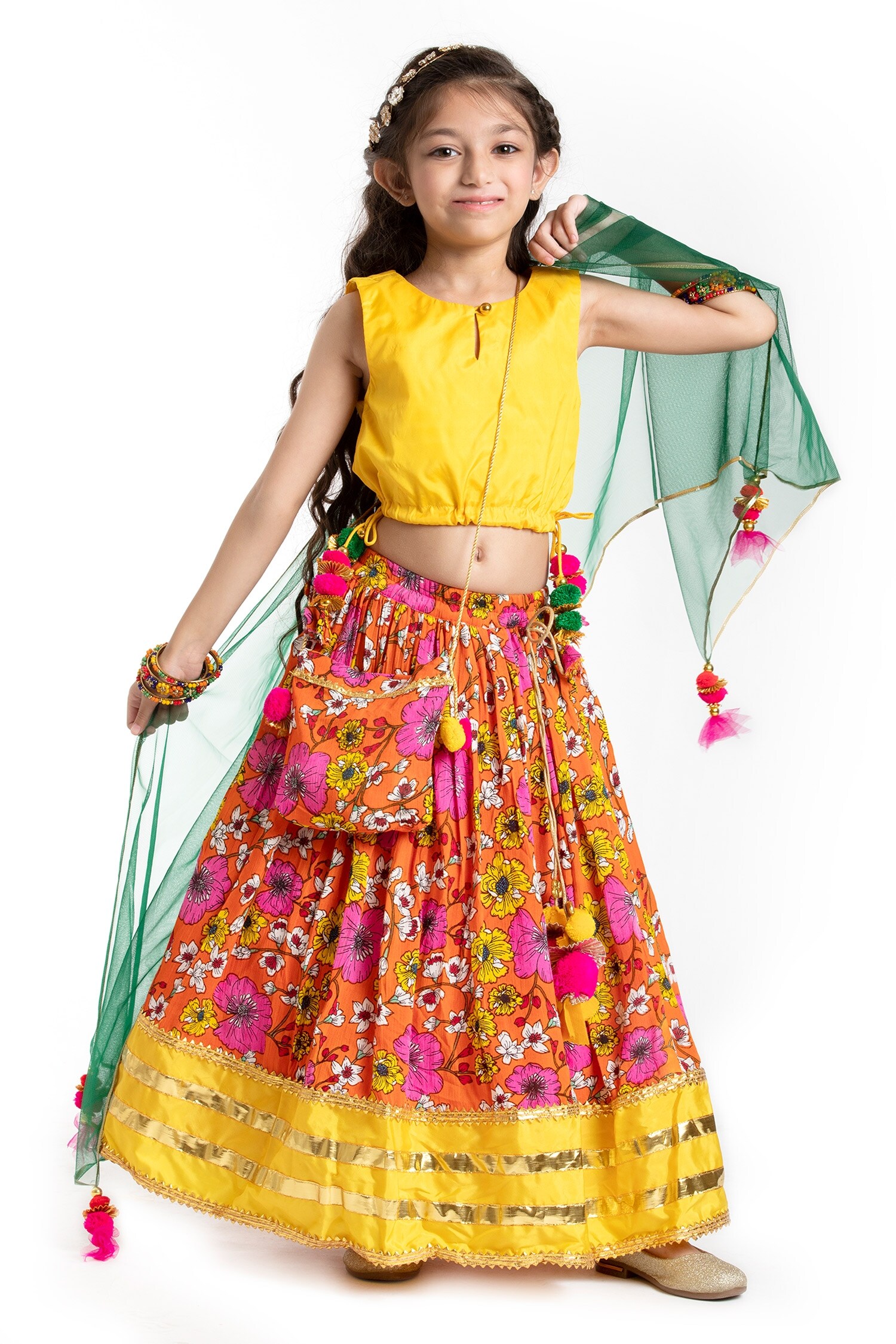 Buy Byb Premium Orange Floral Print Lehenga Set For Girls Online | Aza ...