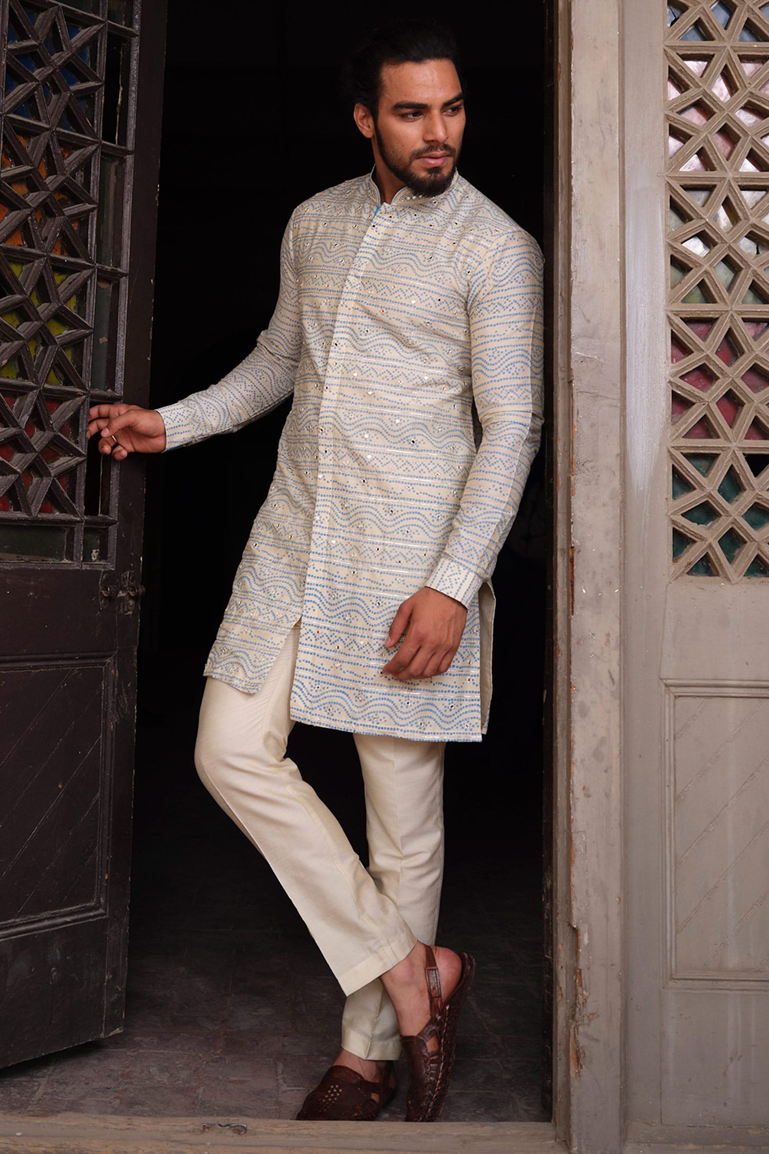 Buy Nitesh Singh Chauhan Blue Cotton Silk Bandhani Print Kurta Pyjama ...