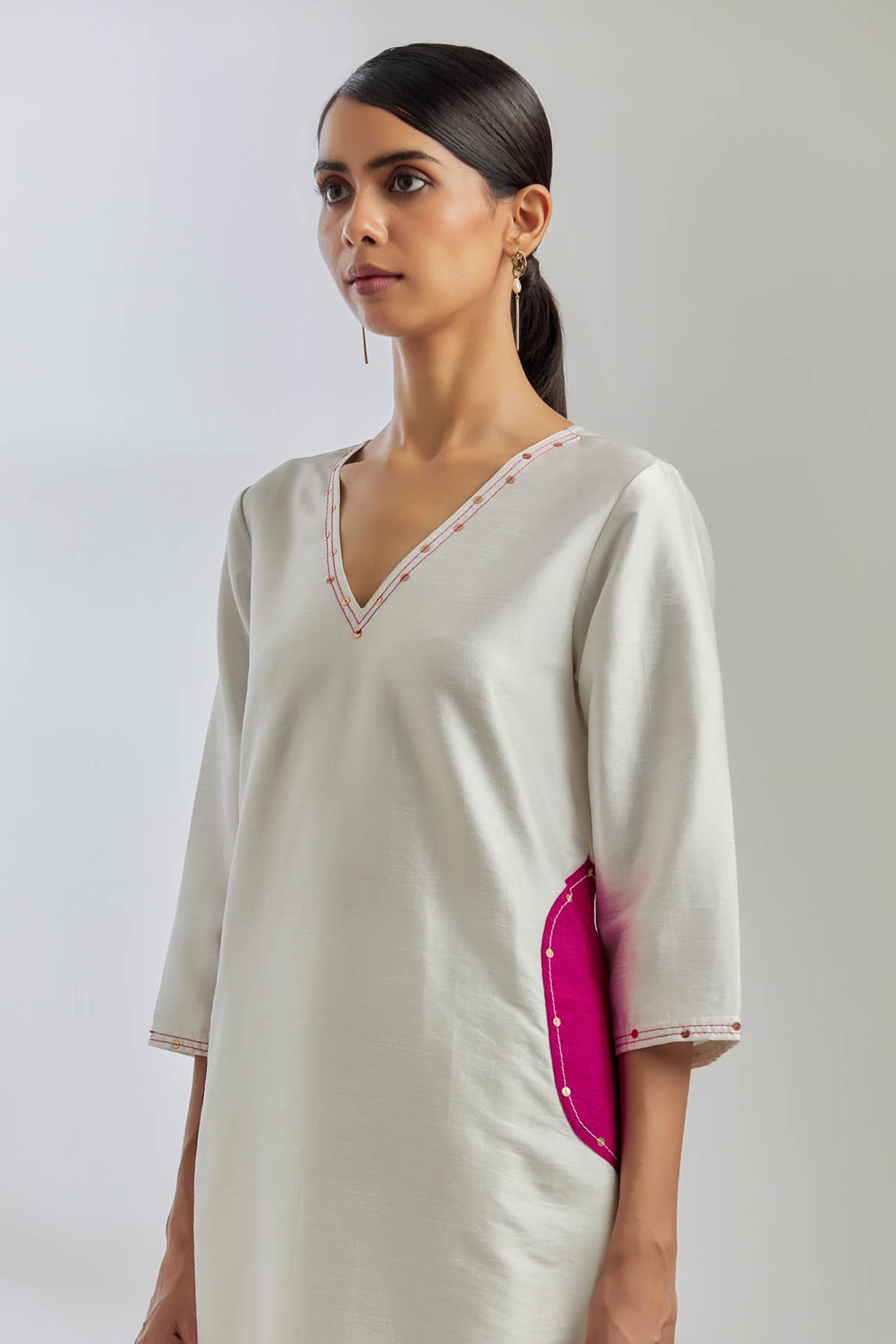 Buy White Raw Silk Embroidered Sequin V Neck Mira Kurta And 