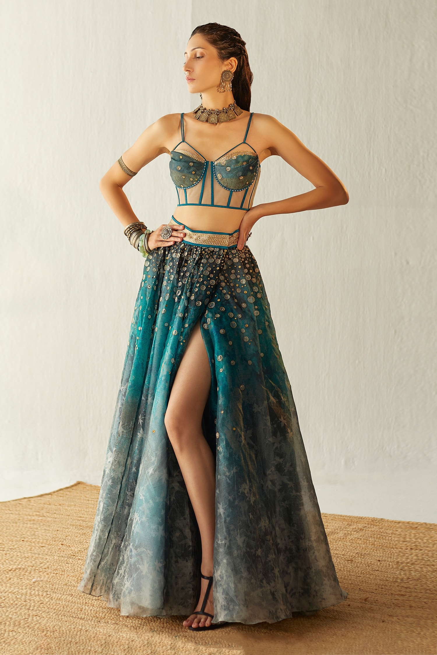 Buy Blue Organza Embroidery Rhinestone V Neck Skirt And Corset
