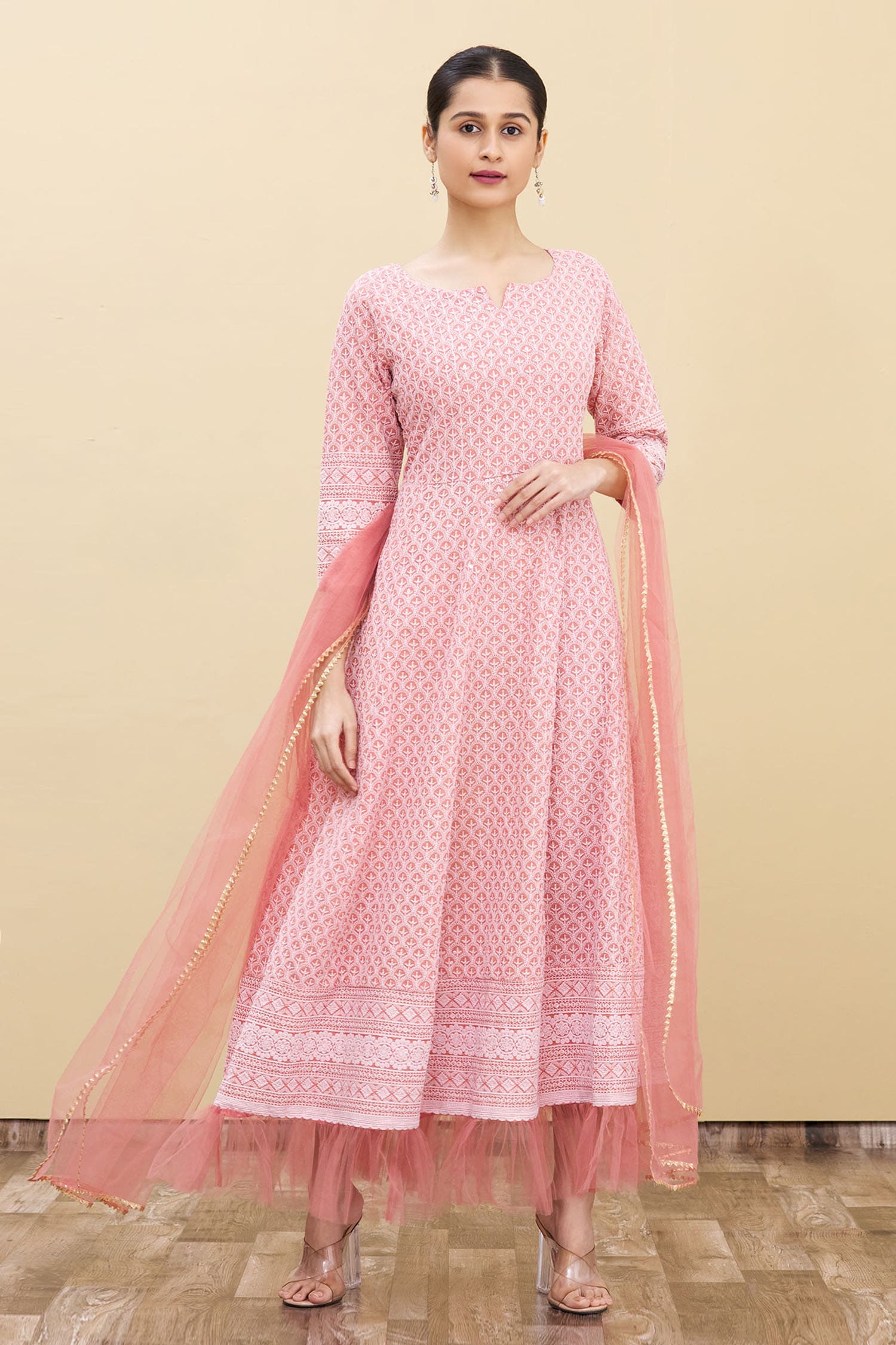 Buy Samyukta Singhania Pink Chikankari Anarkali With Dupatta Online Aza Fashions