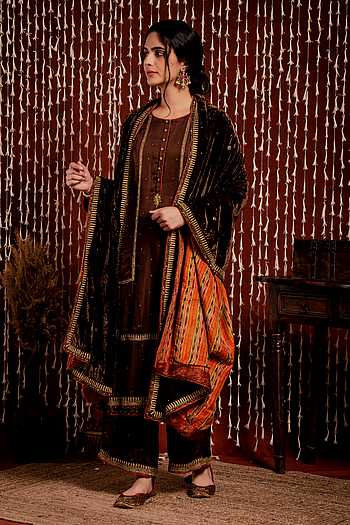 Brown Floral Printed Kurta and Palazzo Co-ord Set