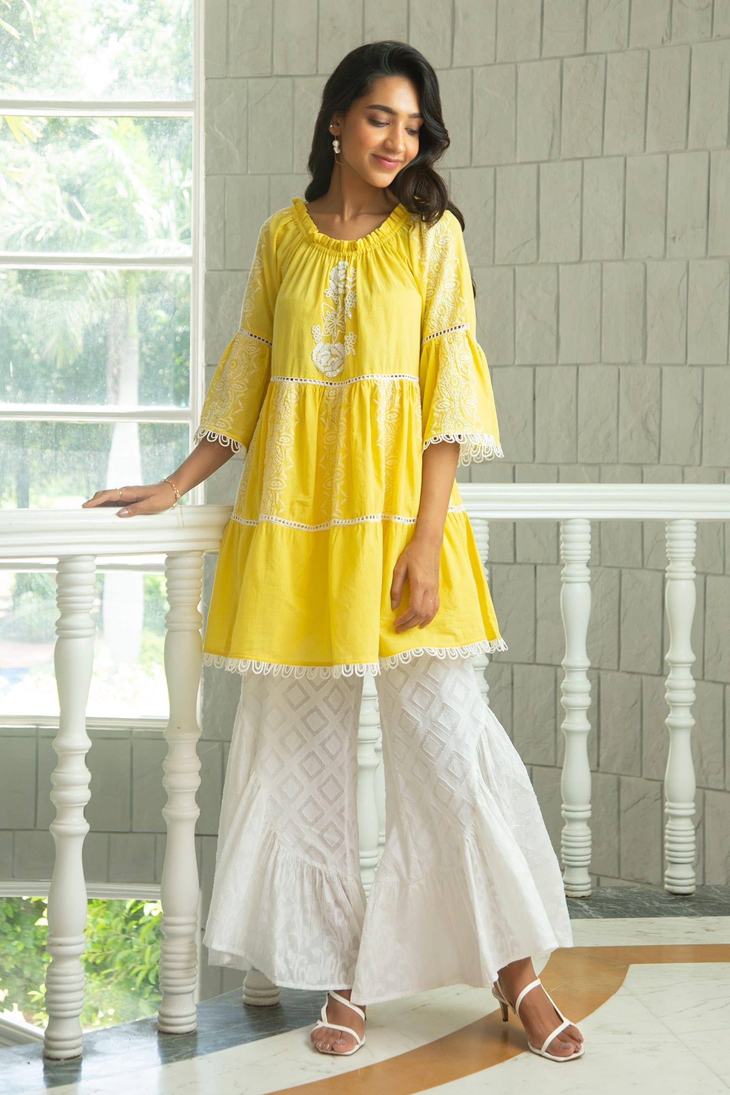 Buy Yellow Cotton Embellished Lace Round Bell Sleeves Kurta And Sharara ...