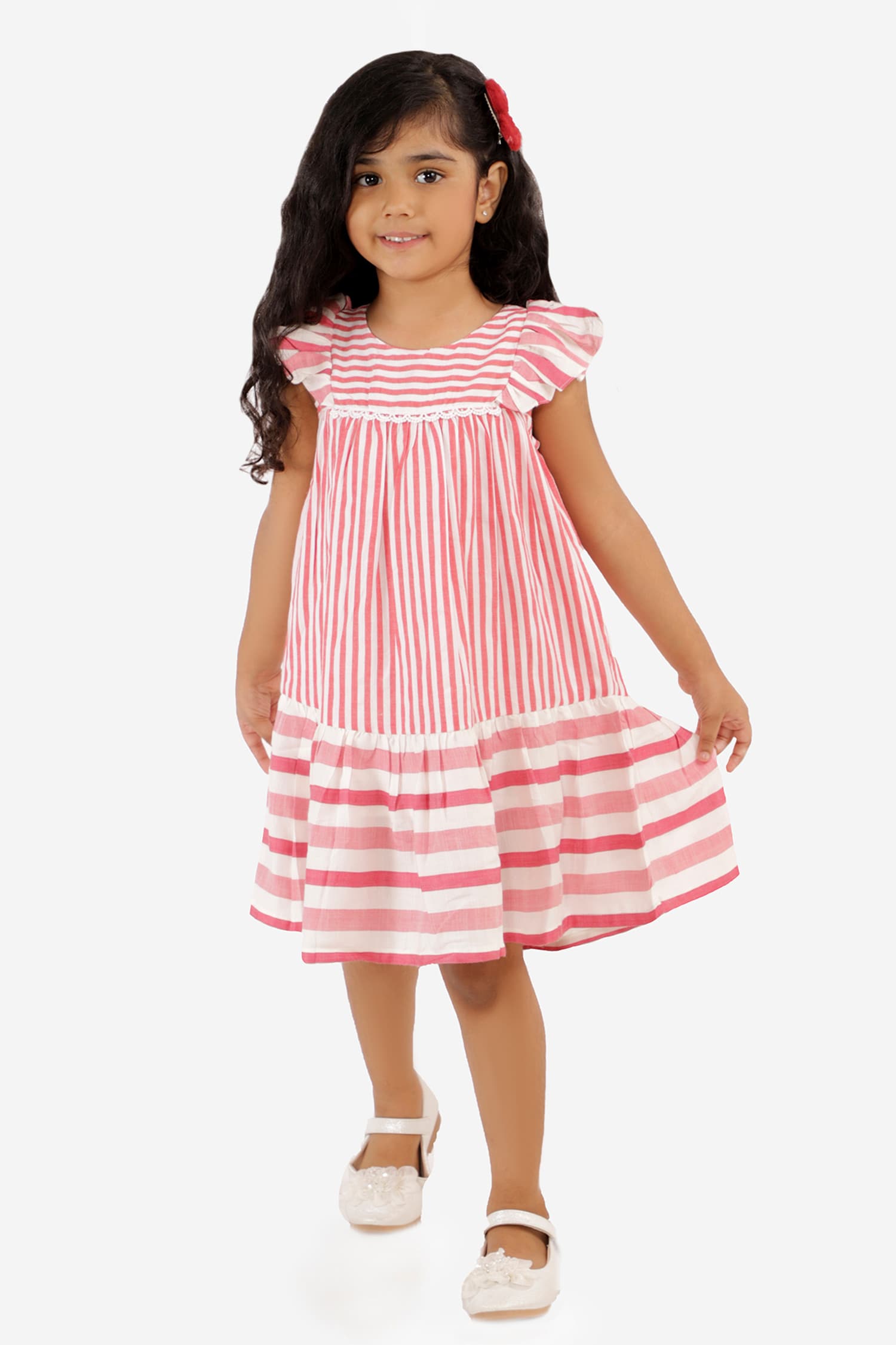 Buy Lil Drama Pink Cotton Striped Dress For Girls Online | Aza Fashions