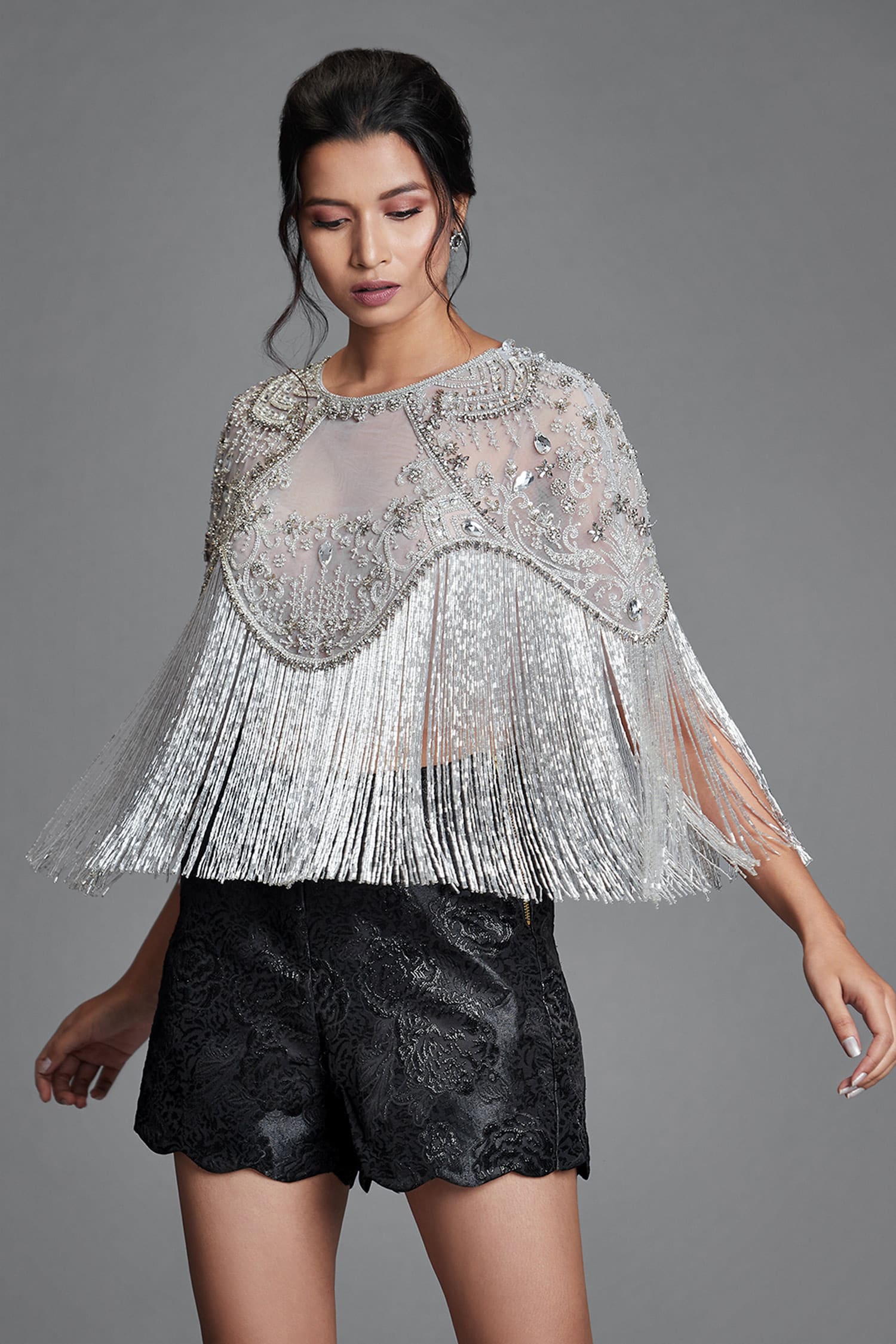 Buy Cherie D Grey Tulle Embroidered Cape Online | Aza Fashions