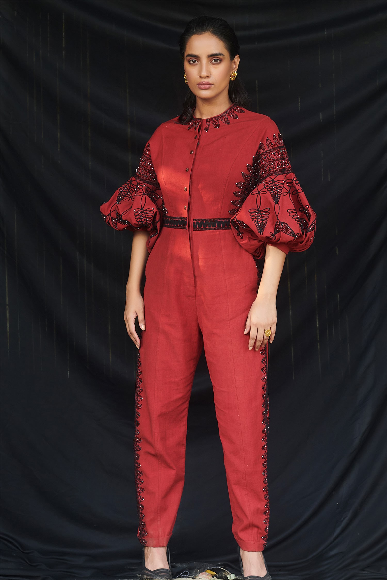 Buy Chandrima Red Kala Cotton Jumpsuit Online Aza Fashions