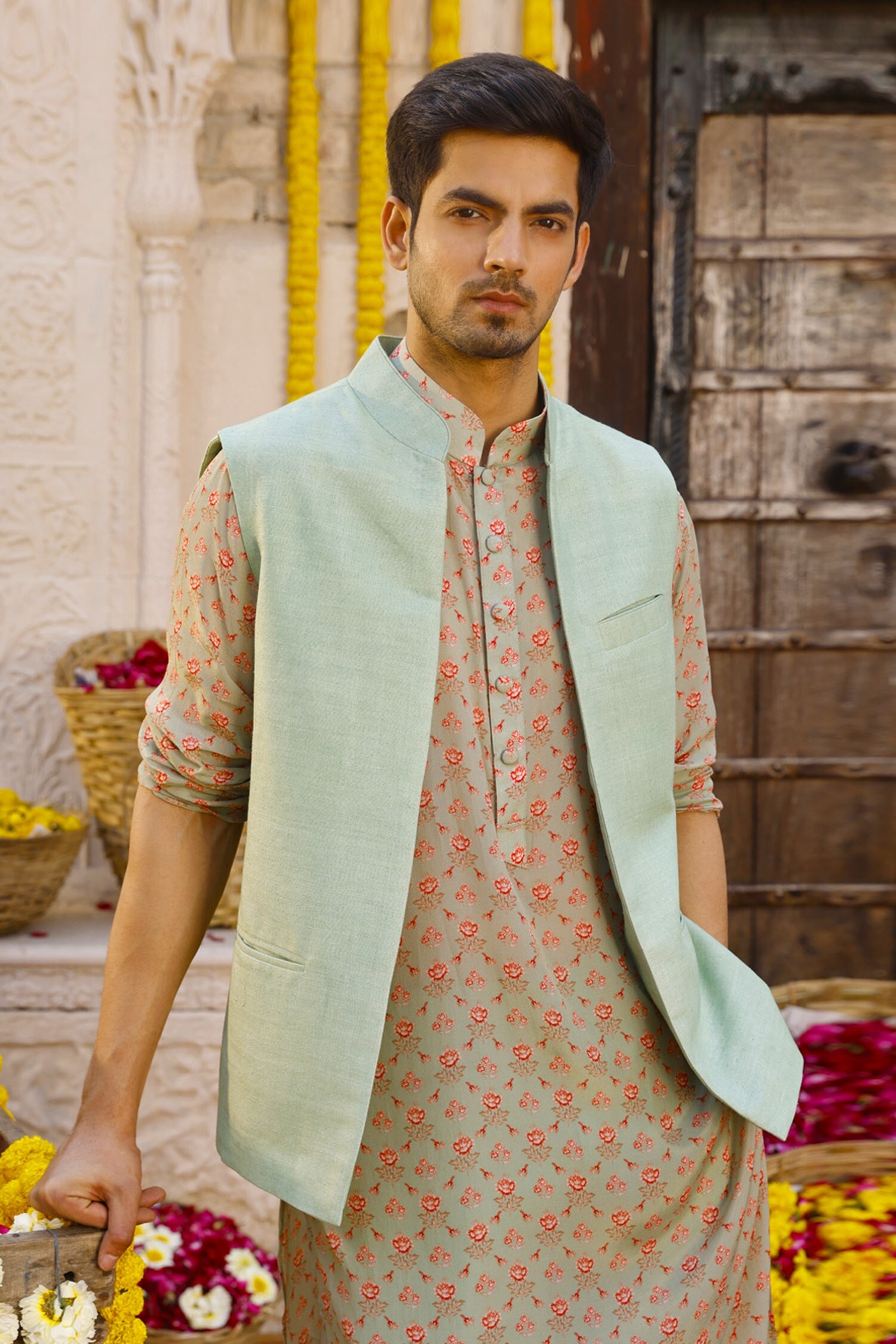 buy-chhavvi-aggarwal-green-raw-silk-band-collar-bundi-online-aza-fashions