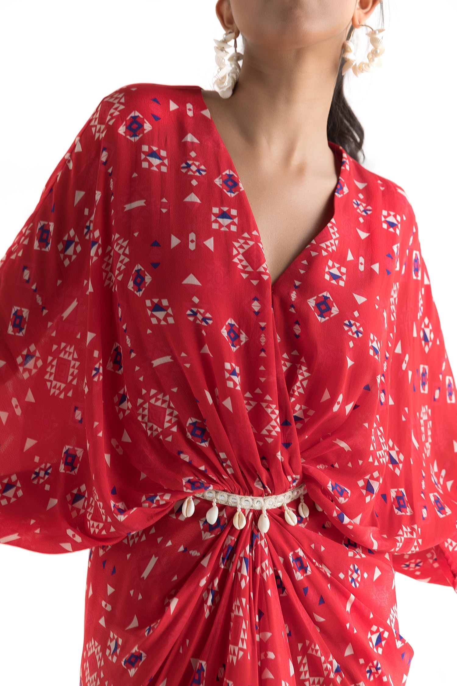 Chhavvi Aggarwal - Red Crepe Printed Geometric V Neck Kaftan Dress For Women