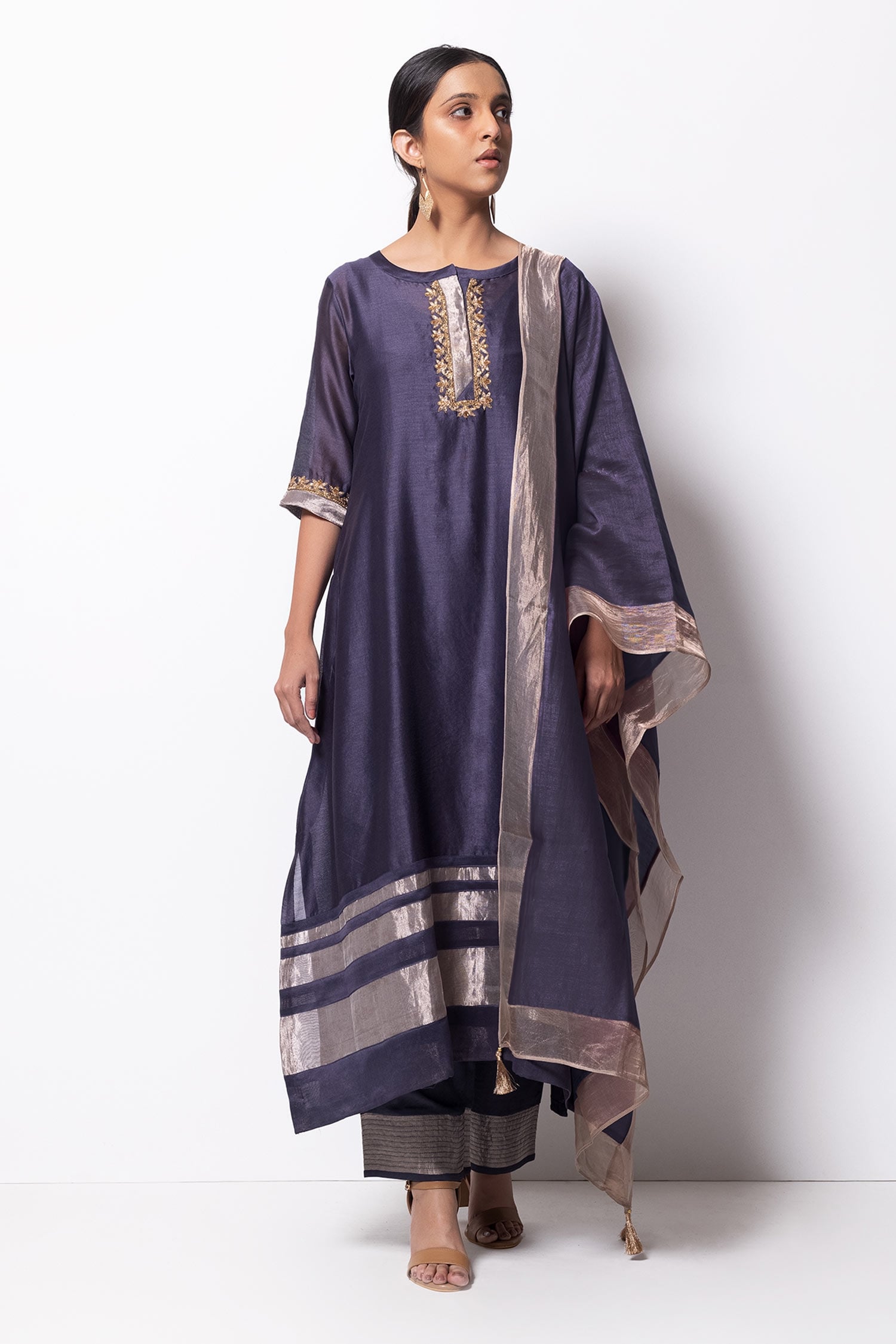 Buy Grey Kurta Handwoven Chanderi Silk Dupatta Chanderi Pant Set For ...