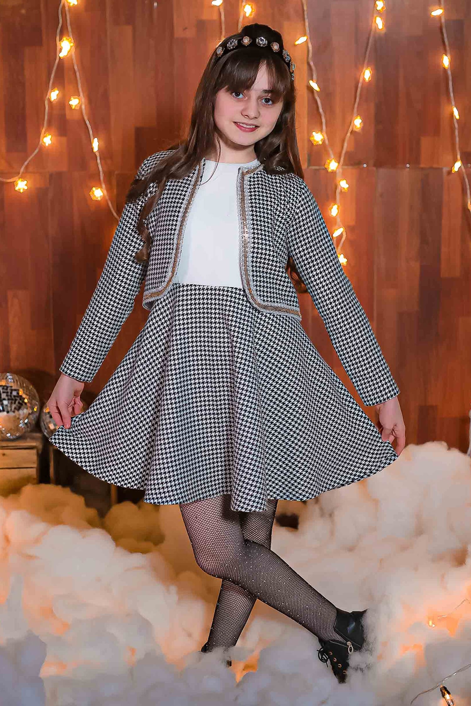 Buy Black Crepe Houndstooth Woollen Dress With Jacket For Girls by