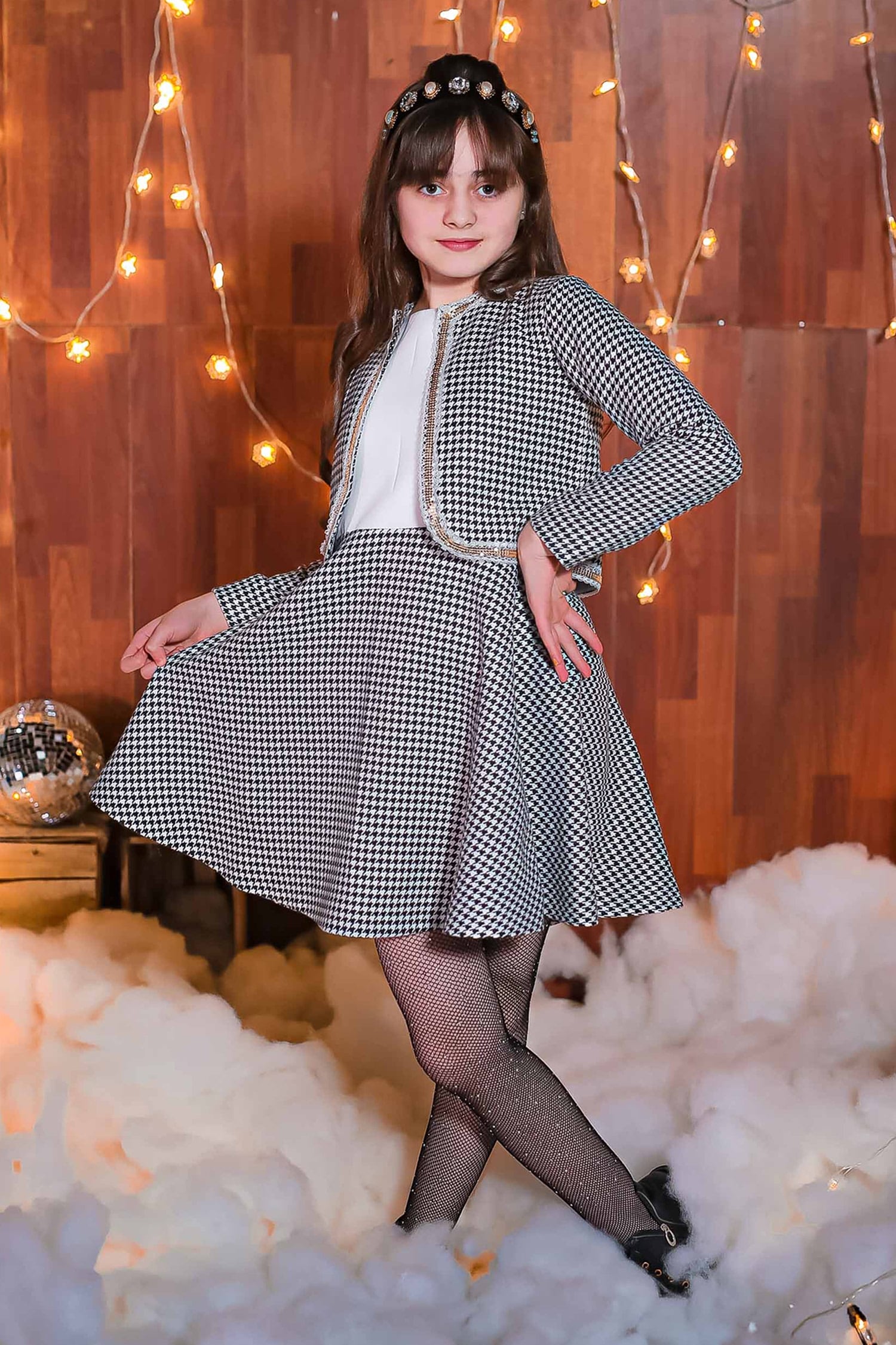 Fashion Women Houndstooth Dress Peter Pan Collar Long Puff Sleeve