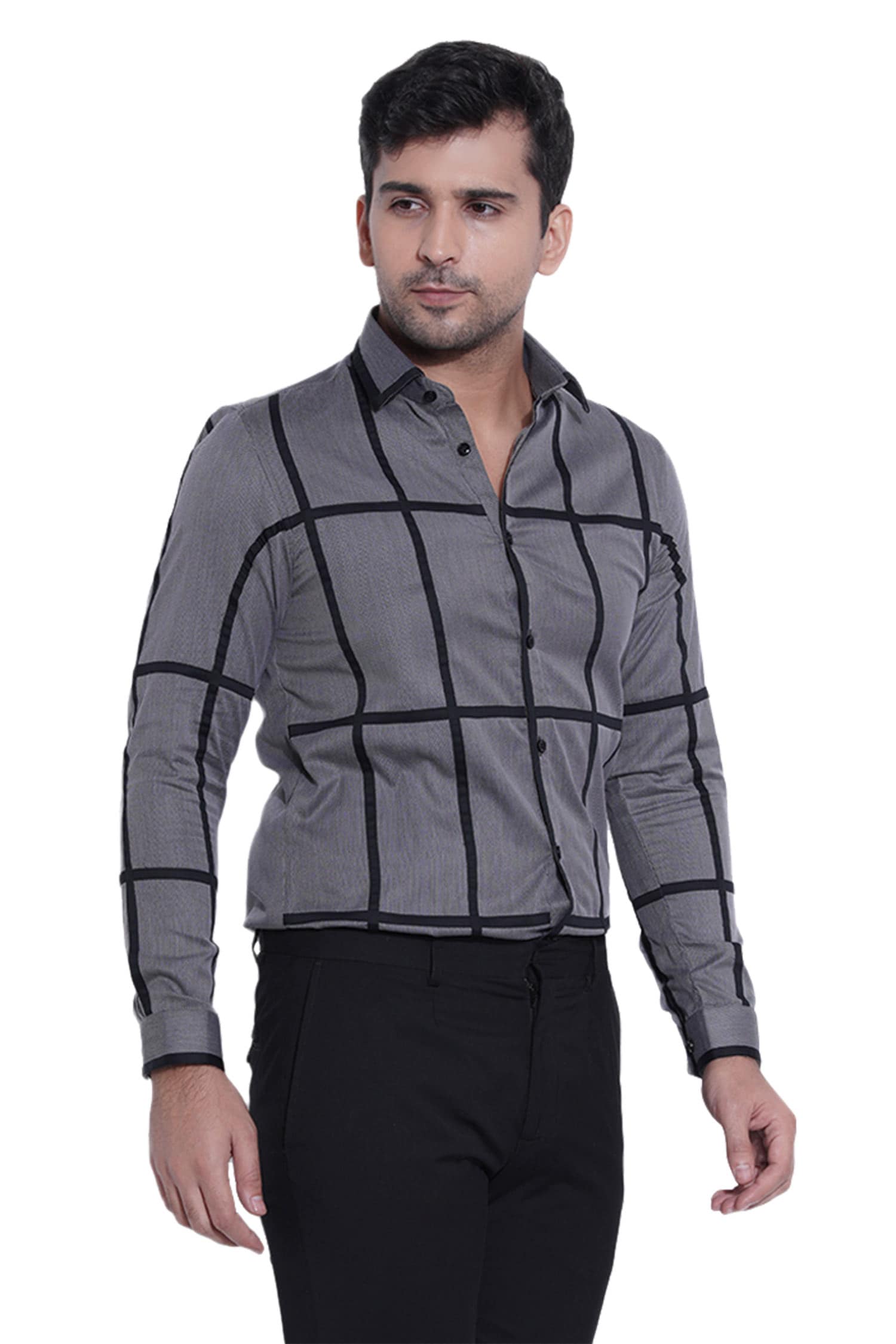 Abkasa Grey Cotton Slim-fit Applique Shirt For Men