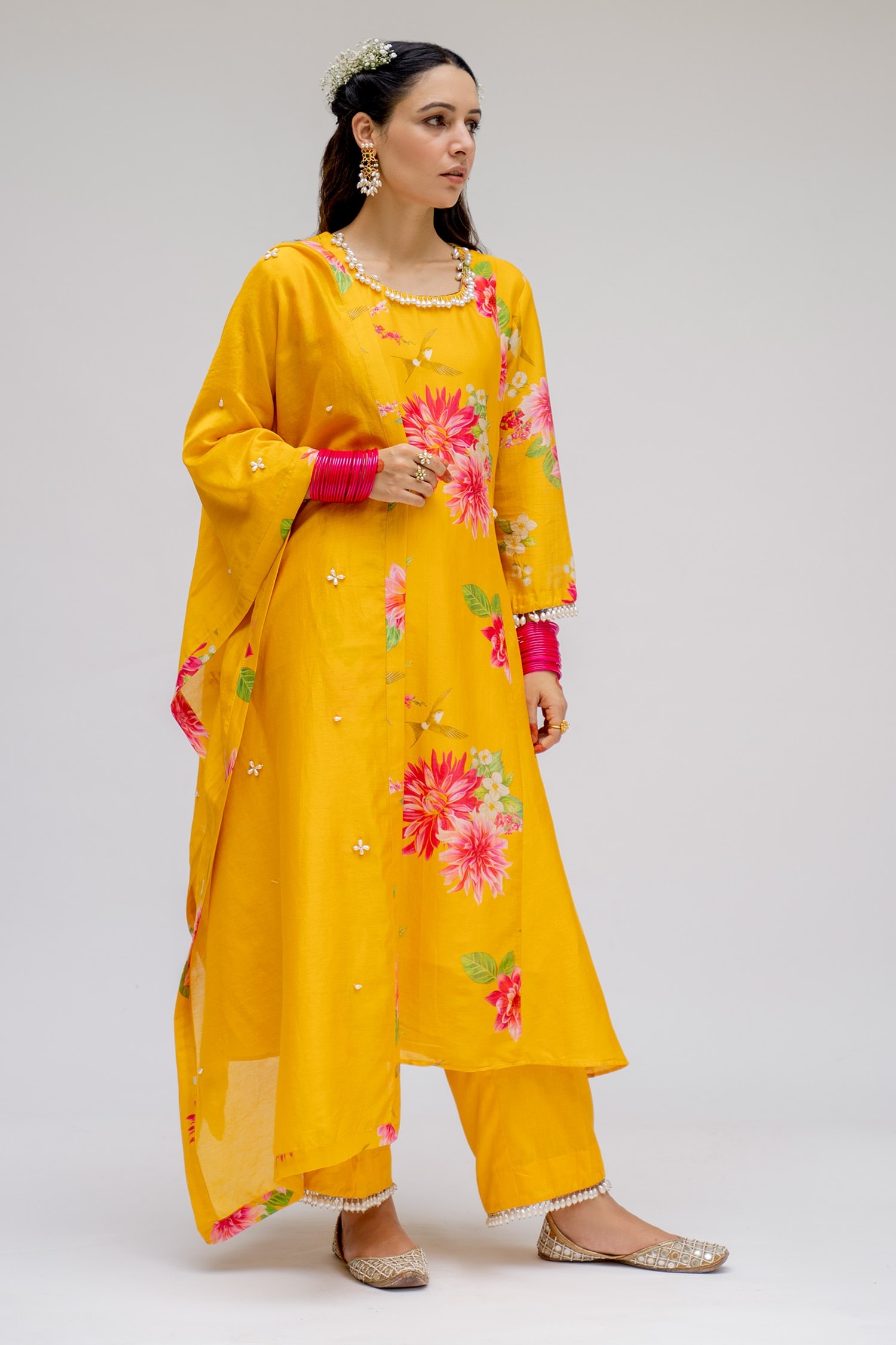 Buy Yellow Chanderi Silk; Cotton; Lining: Shantoon Printed Kurta Pant ...
