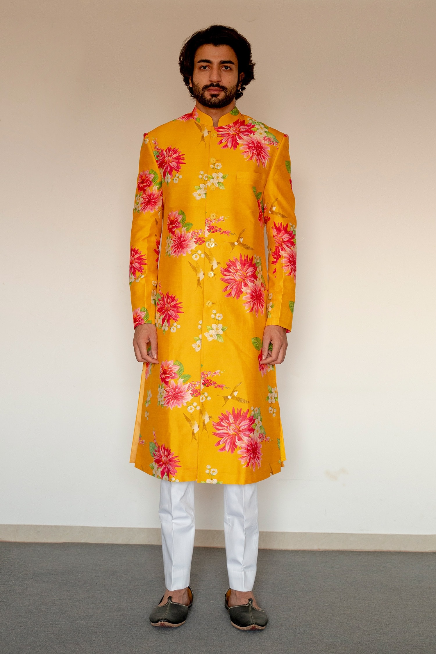 Buy Chrkha Yellow Chanderi Silk Achkan And Kurta Set Online | Aza Fashions