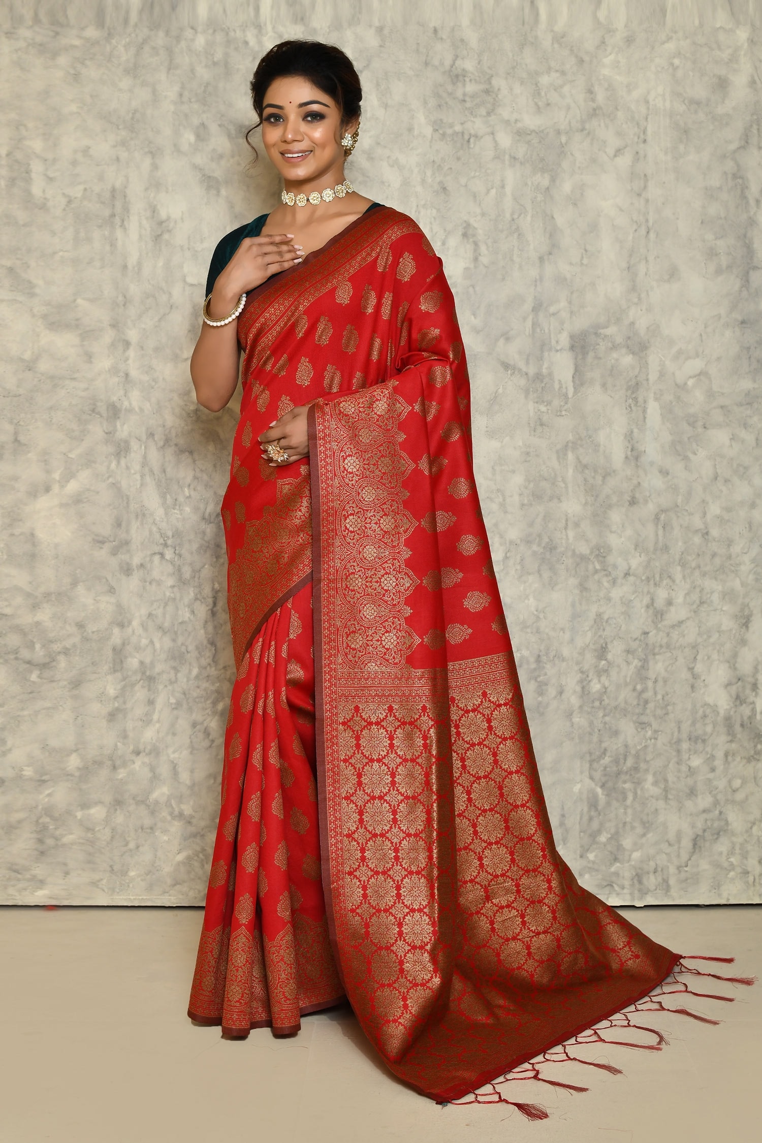 Naintara Bajaj Red Silk Woven Leaf Motifs Pattern Saree For Women
